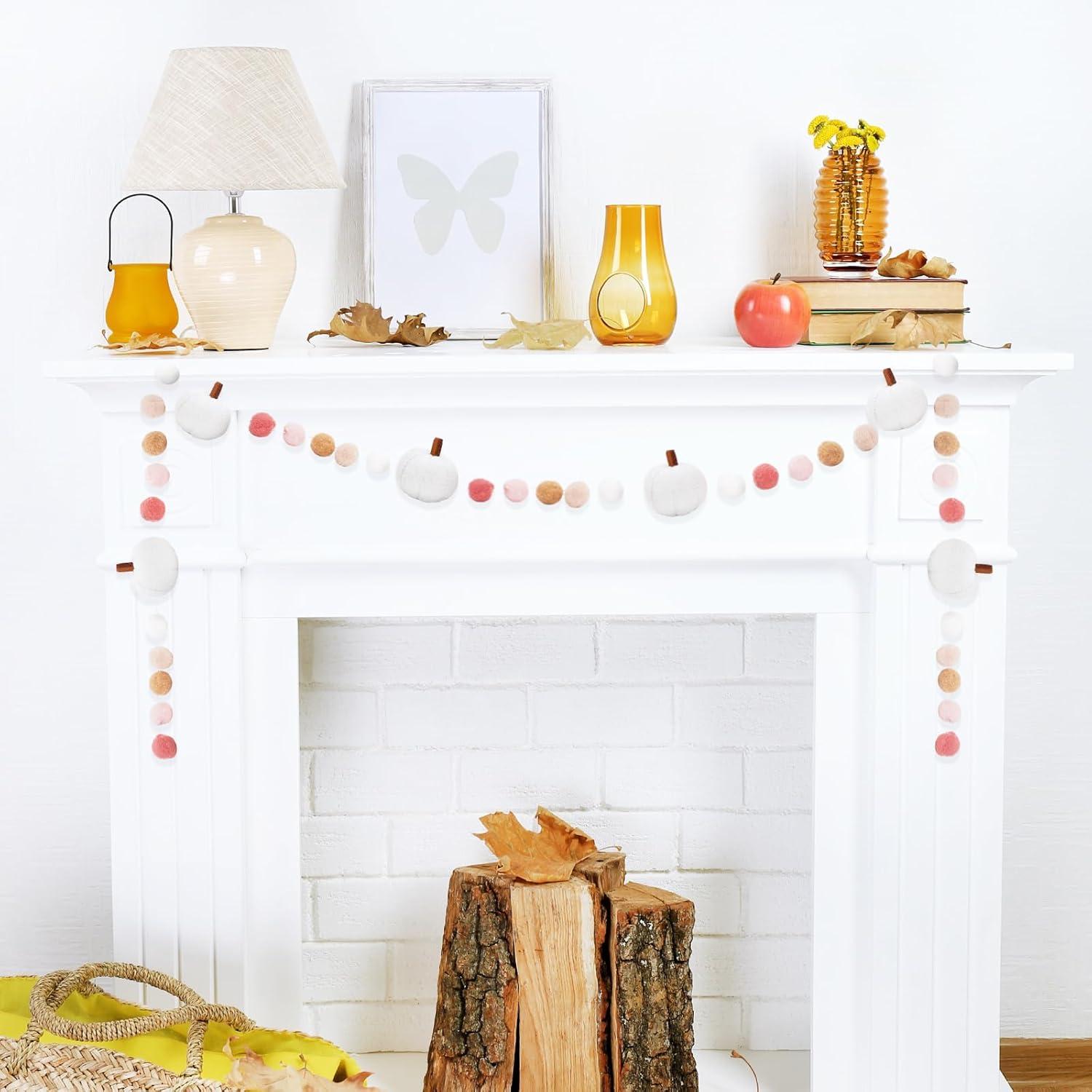 imageWhaline 82Ft Fall Felt Pom Pom Banner Pink 3D Pumpkin Shape Felt Hanging Garland Colorful Pom Ball PreAssembled Bunting Banner for Autumn Thanksgiving Home Mantel Wall Window Decor Party SuppliesWhite