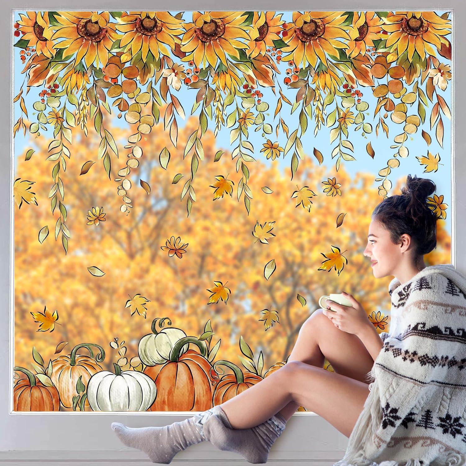 imageWhaline 9 Sheets Fall Sunflower Window Clings Hanging Flower Vine Pumpkin Window Stickers Autumn Floral Static Reusable Window Decals for Harvest Party Home Office Decor79 x 118 inch Pack of 2