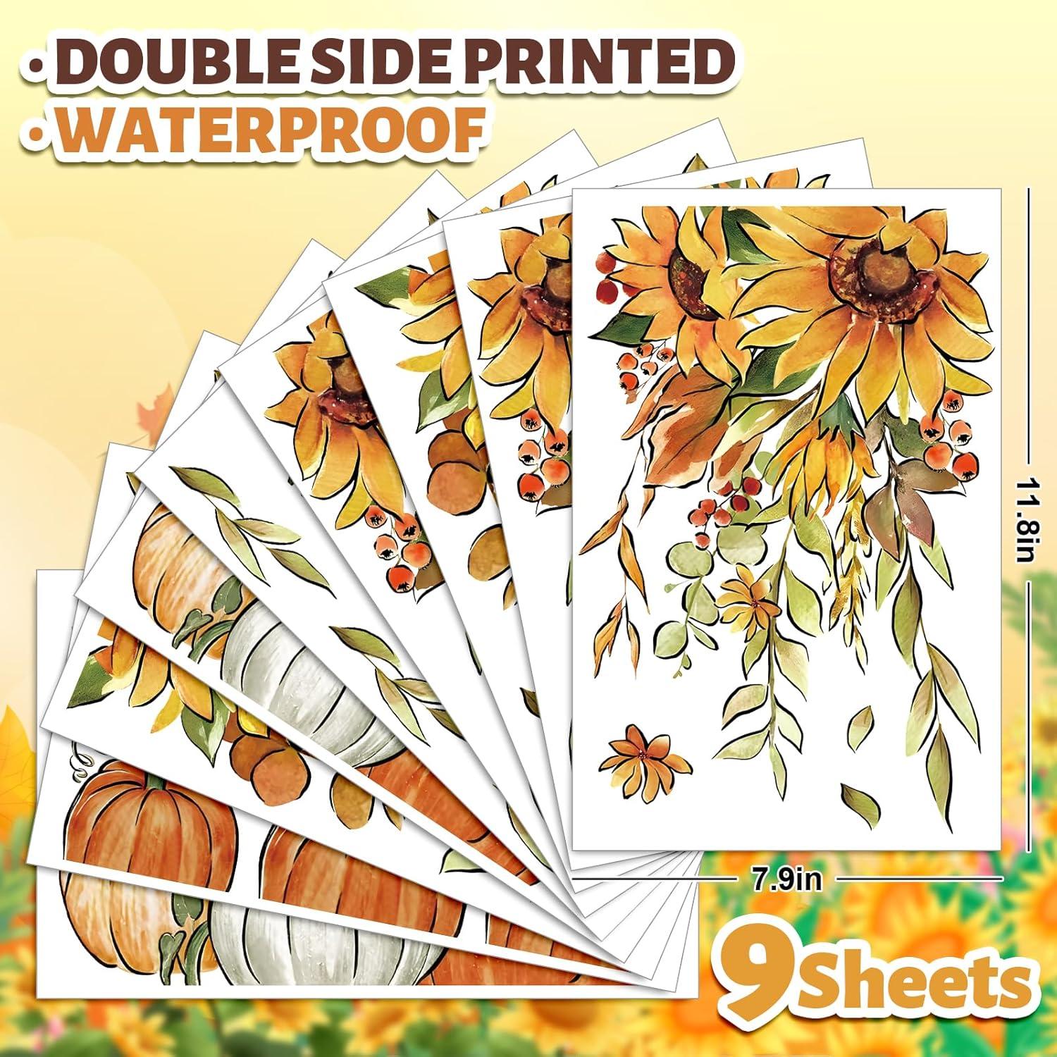 imageWhaline 9 Sheets Fall Sunflower Window Clings Hanging Flower Vine Pumpkin Window Stickers Autumn Floral Static Reusable Window Decals for Harvest Party Home Office Decor79 x 118 inch Pack of 2