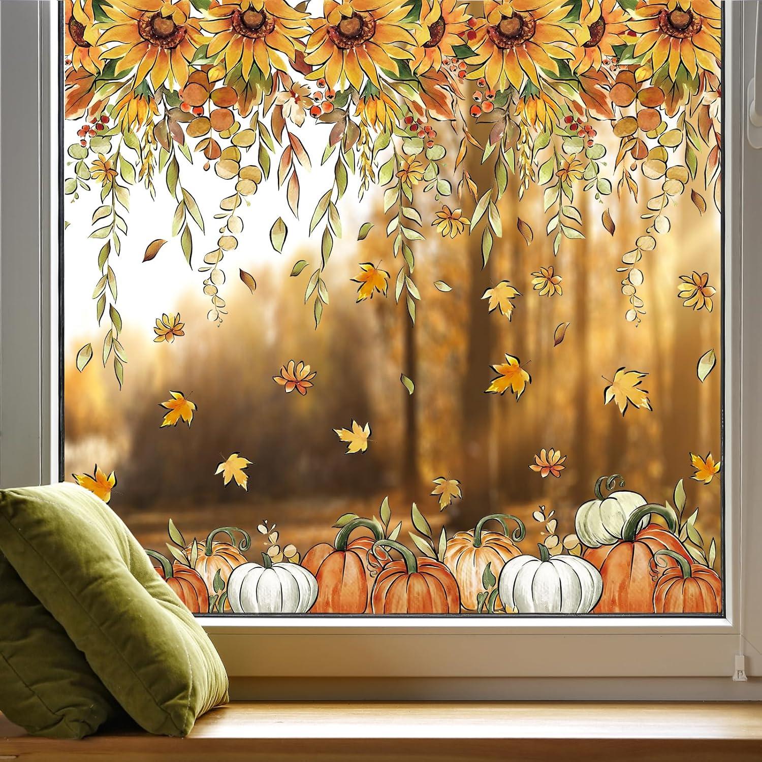 imageWhaline 9 Sheets Fall Sunflower Window Clings Hanging Flower Vine Pumpkin Window Stickers Autumn Floral Static Reusable Window Decals for Harvest Party Home Office Decor79 x 118 inch Pack of 2
