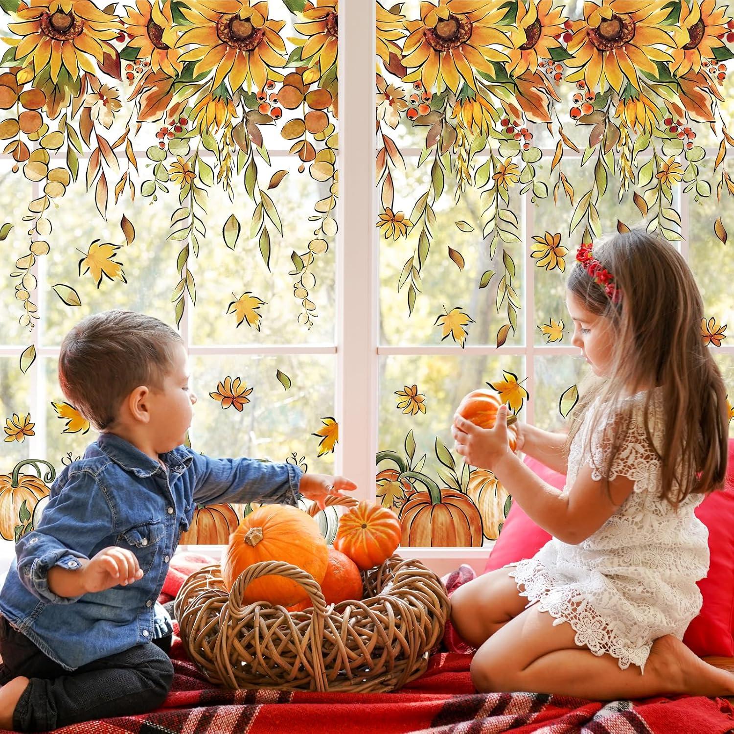 imageWhaline 9 Sheets Fall Sunflower Window Clings Hanging Flower Vine Pumpkin Window Stickers Autumn Floral Static Reusable Window Decals for Harvest Party Home Office Decor79 x 118 inch