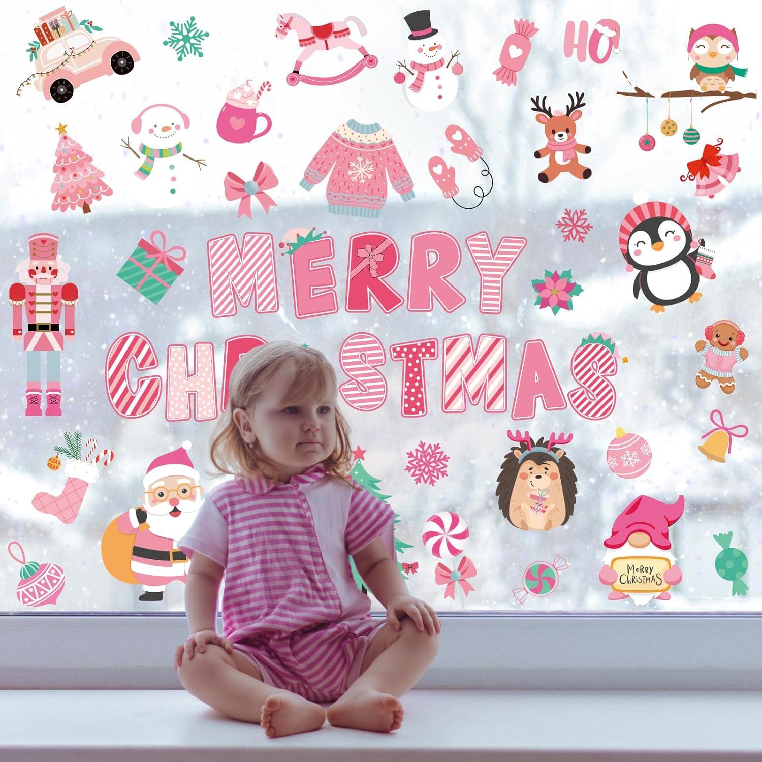 imageWhaline 9 Sheets Happy Fall Thanksgiving Window Clings Autumn Cute Cartoon Window Stickers Static Reusable Glass Decals for Harvest Party Home Classroom Office Decor SuppliesPink Christmas