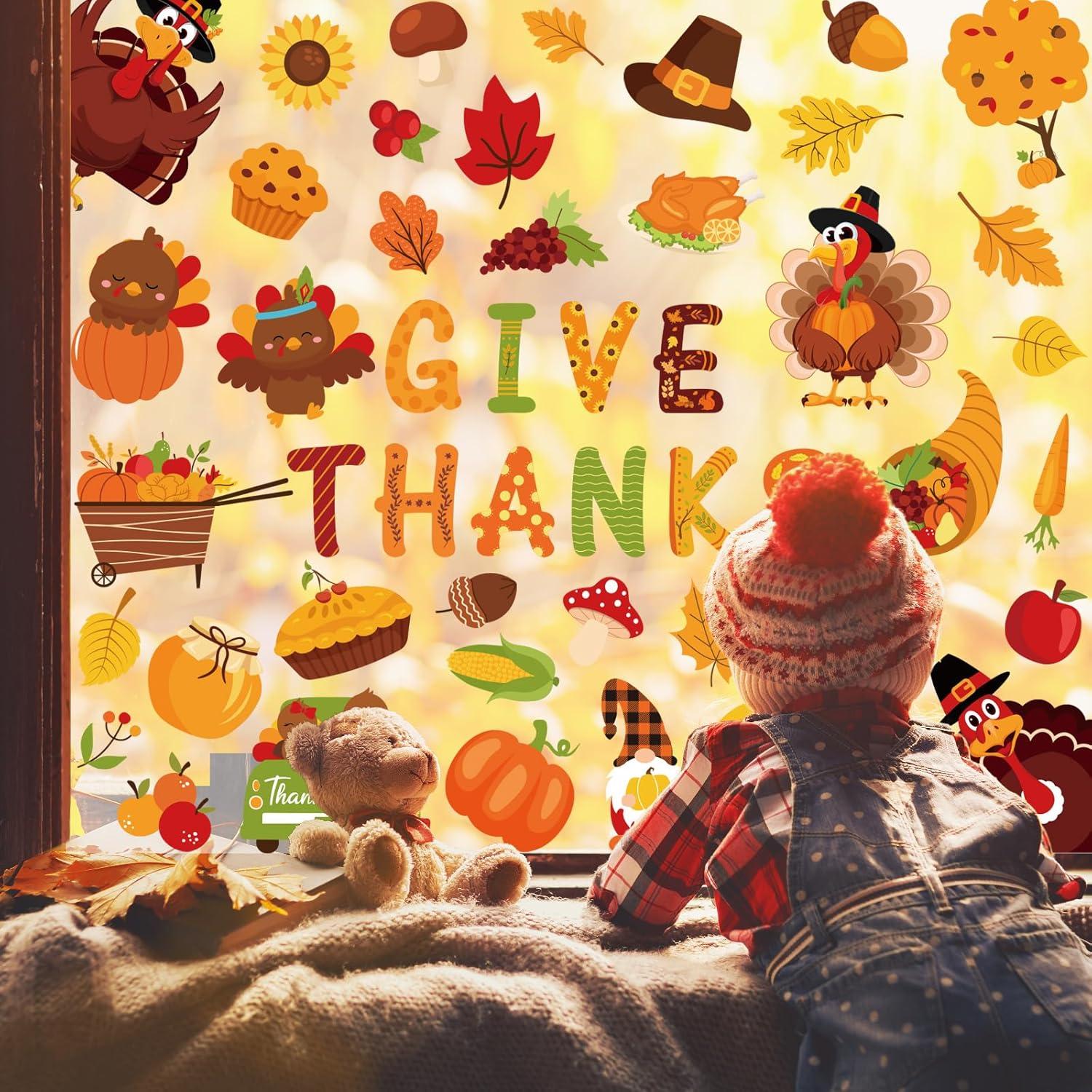 imageWhaline 9 Sheets Happy Fall Thanksgiving Window Clings Autumn Cute Cartoon Window Stickers Static Reusable Glass Decals for Harvest Party Home Classroom Office Decor SuppliesThanksgiving