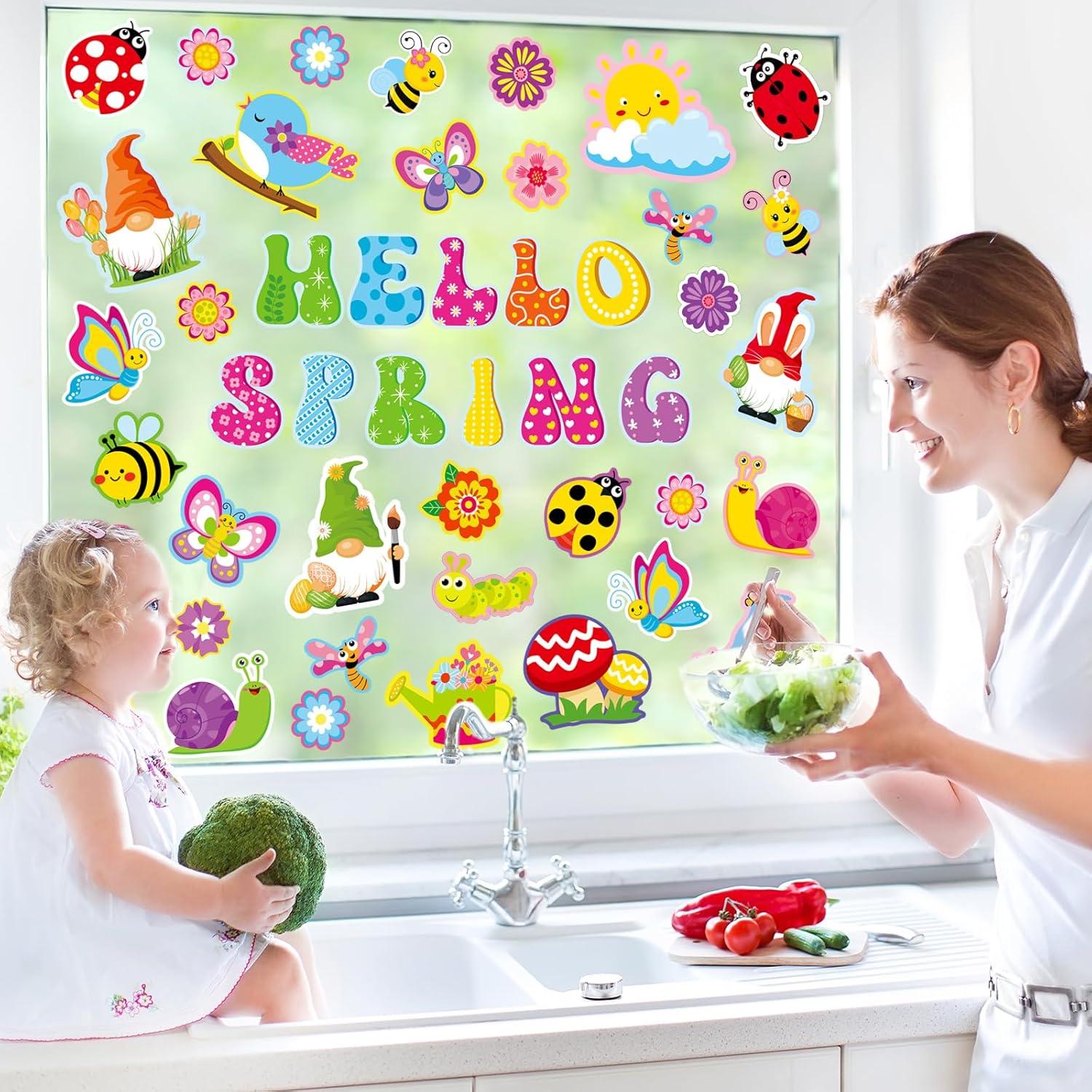 imageWhaline 9 Sheets Happy Fall Thanksgiving Window Clings Autumn Cute Cartoon Window Stickers Static Reusable Glass Decals for Harvest Party Home Classroom Office Decor SuppliesSpring