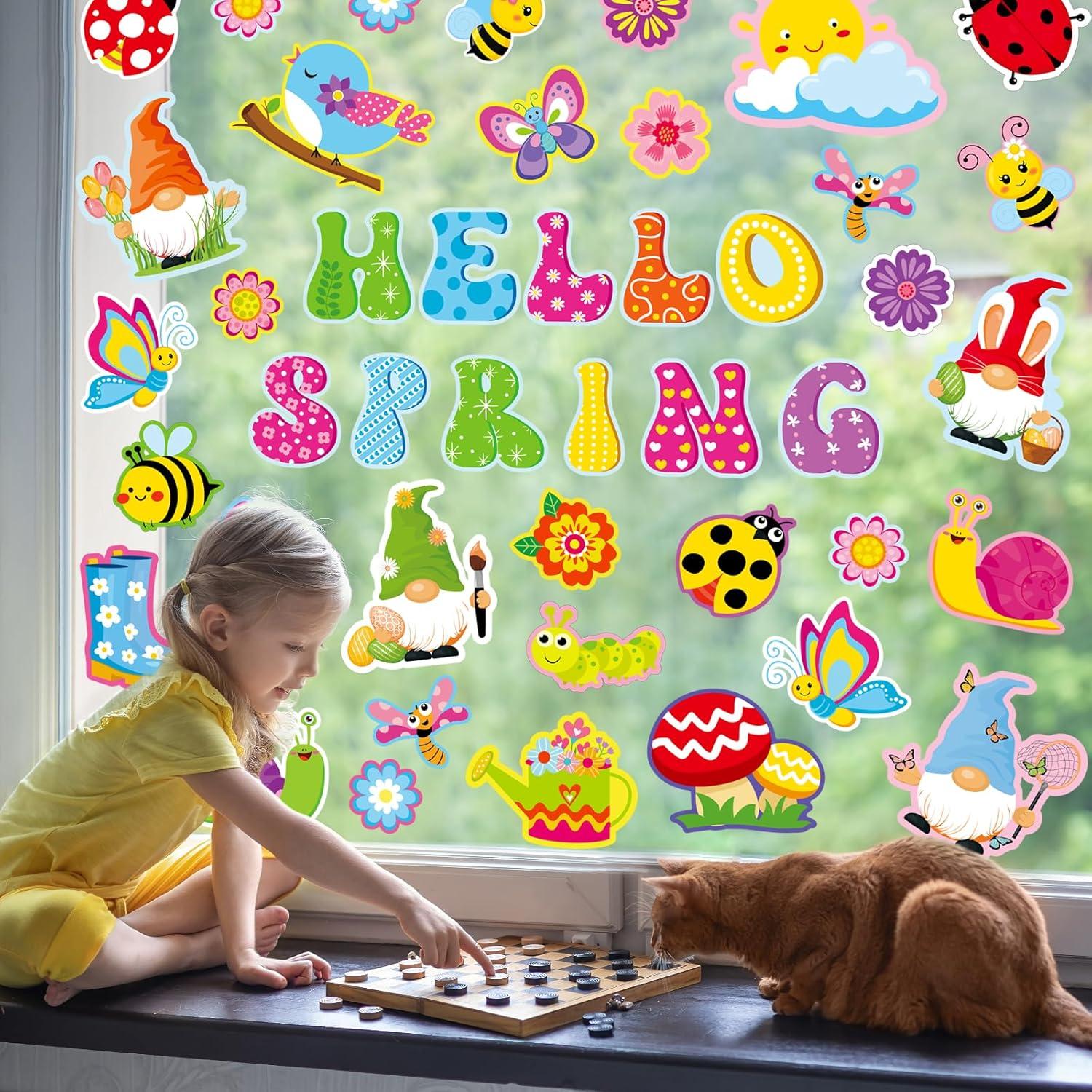 imageWhaline 9 Sheets Happy Fall Thanksgiving Window Clings Autumn Cute Cartoon Window Stickers Static Reusable Glass Decals for Harvest Party Home Classroom Office Decor SuppliesSpring