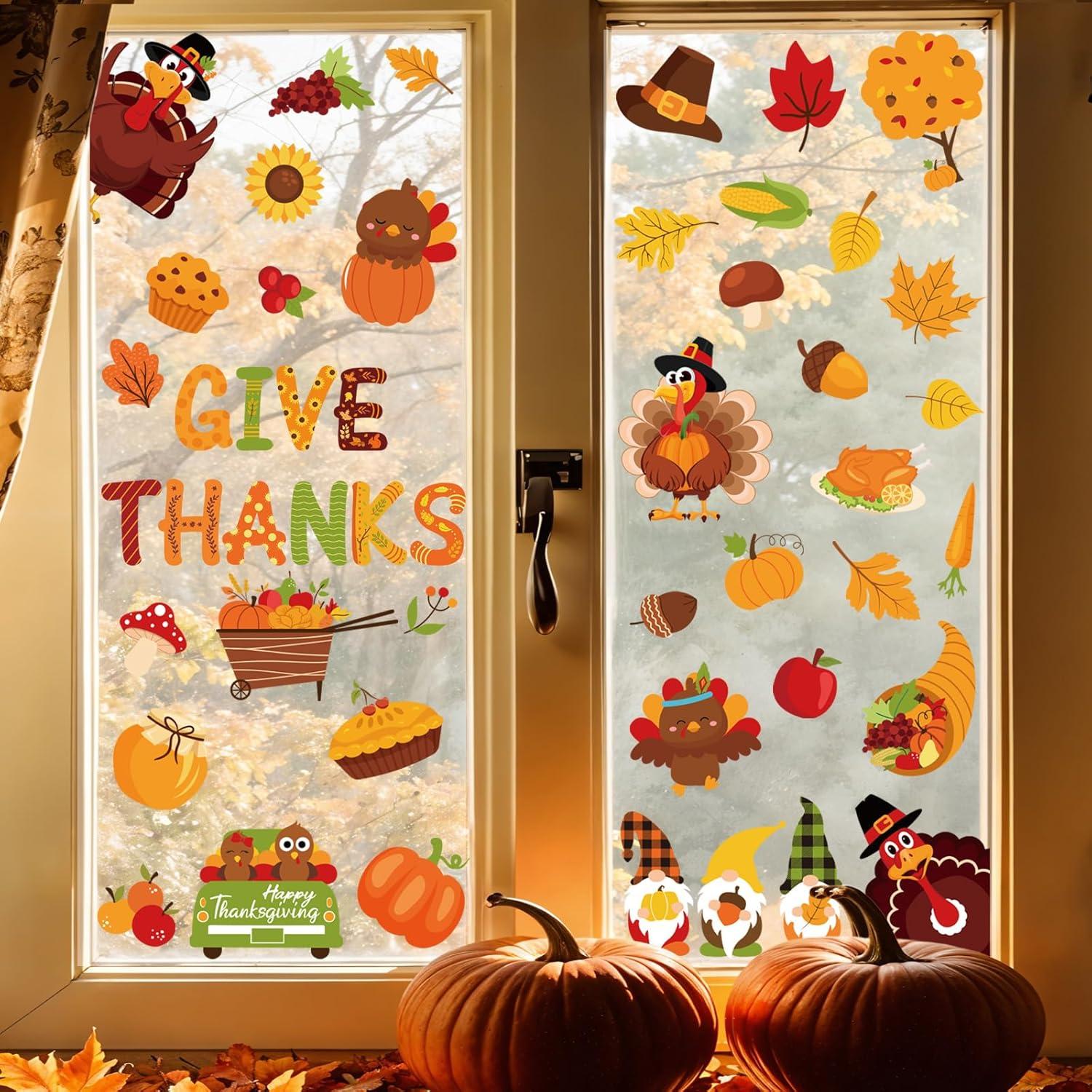 imageWhaline 9 Sheets Happy Fall Thanksgiving Window Clings Autumn Cute Cartoon Window Stickers Static Reusable Glass Decals for Harvest Party Home Classroom Office Decor SuppliesThanksgiving