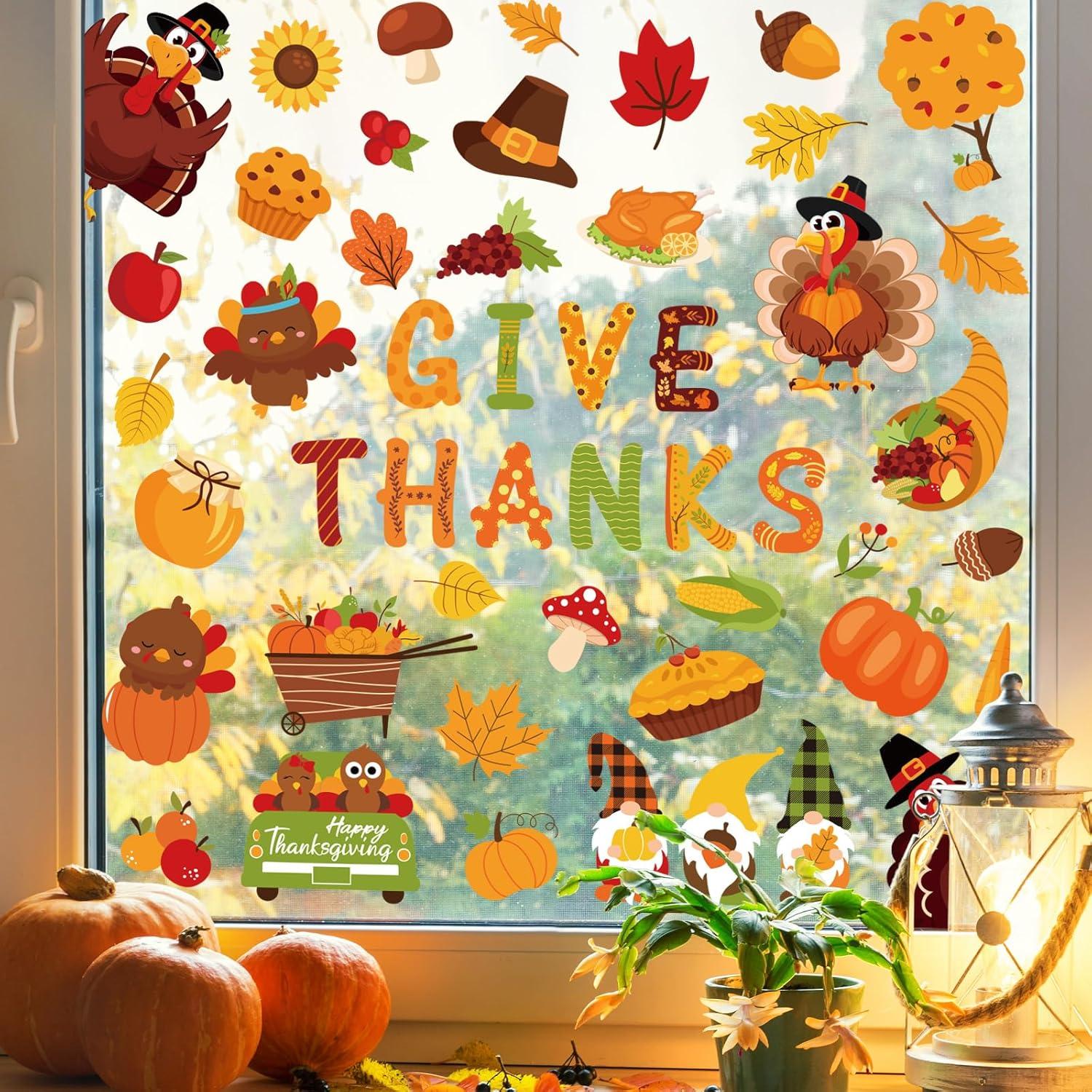 imageWhaline 9 Sheets Happy Fall Thanksgiving Window Clings Autumn Cute Cartoon Window Stickers Static Reusable Glass Decals for Harvest Party Home Classroom Office Decor SuppliesThanksgiving