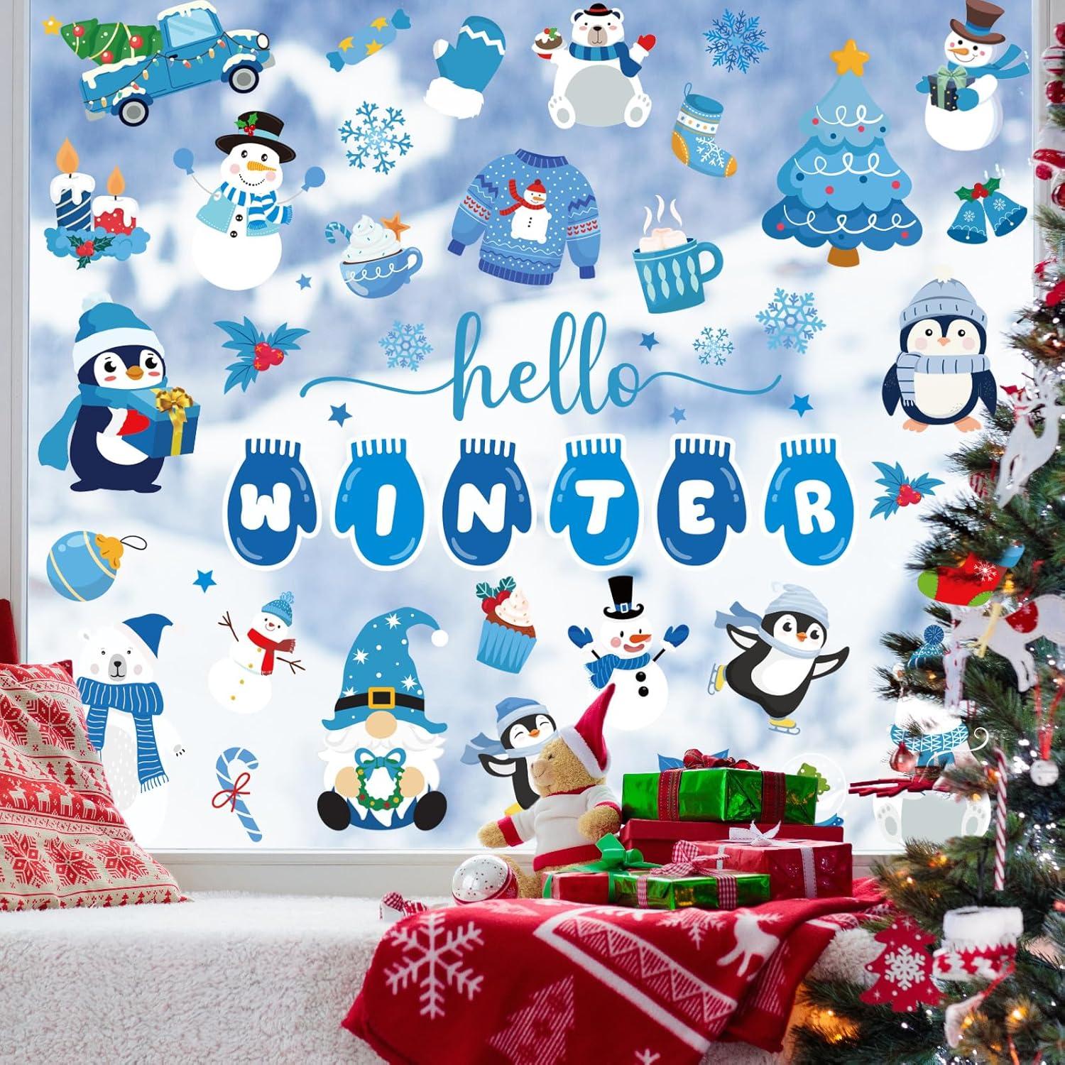 imageWhaline 9 Sheets Happy Fall Thanksgiving Window Clings Autumn Cute Cartoon Window Stickers Static Reusable Glass Decals for Harvest Party Home Classroom Office Decor SuppliesWinter