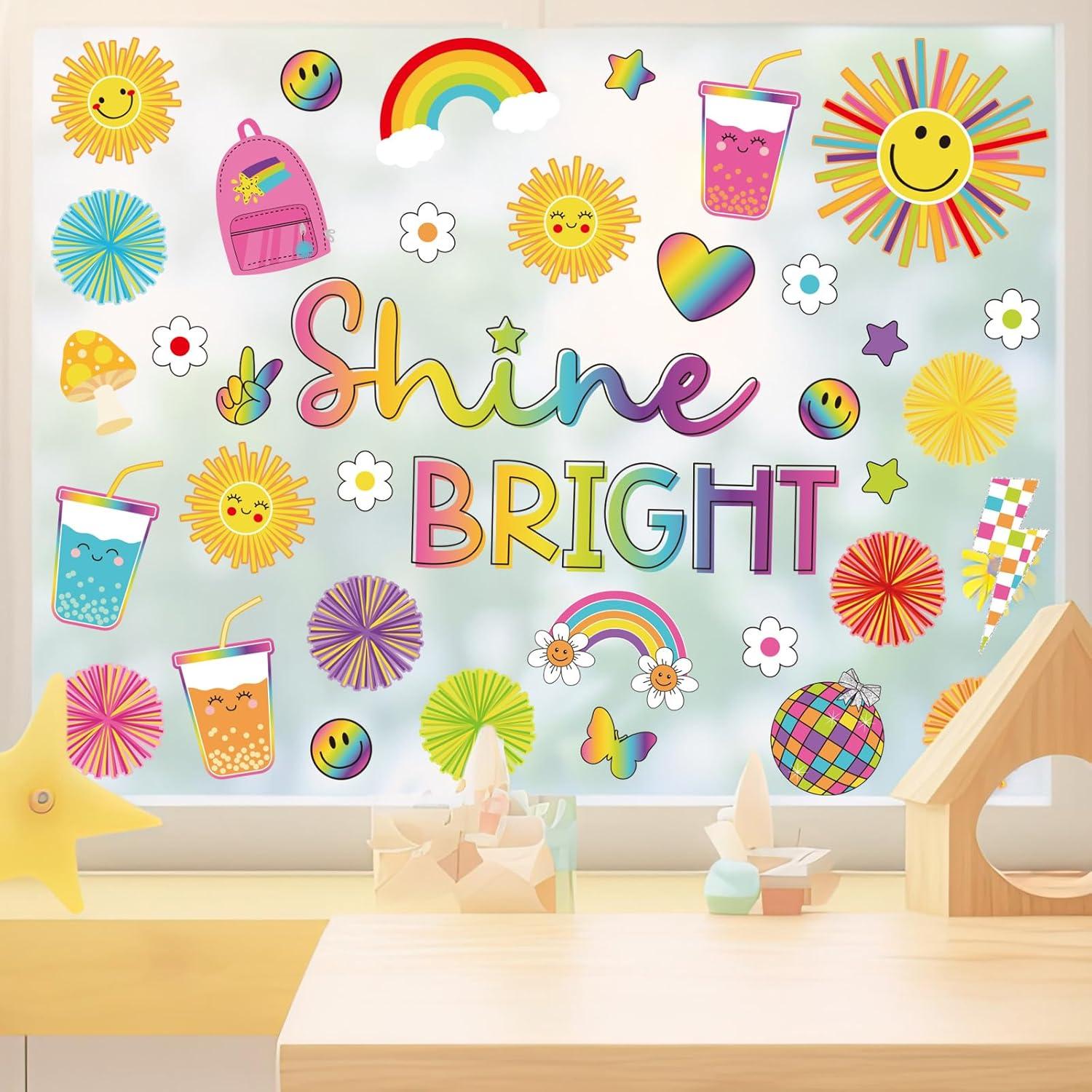 imageWhaline 9 Sheets Happy Fall Thanksgiving Window Clings Autumn Cute Cartoon Window Stickers Static Reusable Glass Decals for Harvest Party Home Classroom Office Decor SuppliesSun