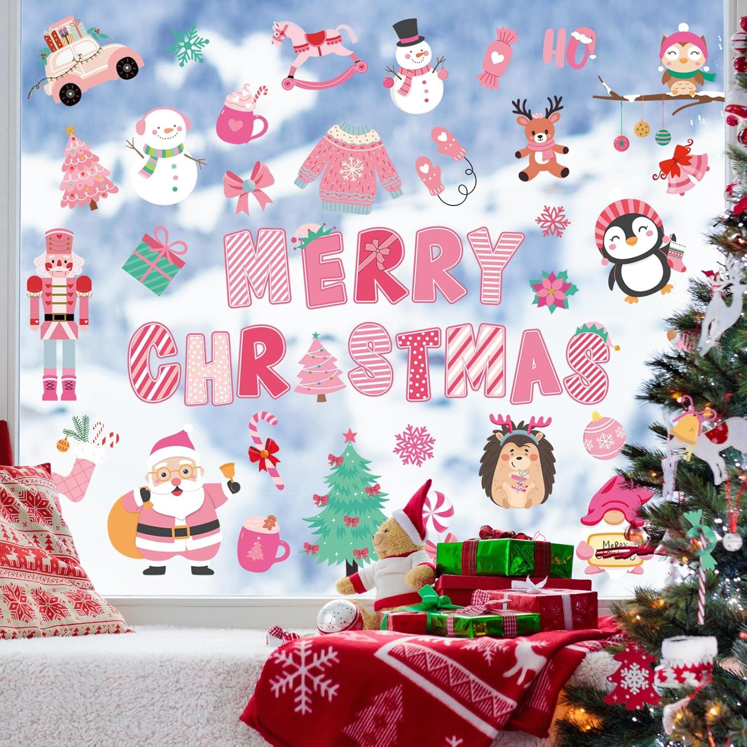 imageWhaline 9 Sheets Happy Fall Thanksgiving Window Clings Autumn Cute Cartoon Window Stickers Static Reusable Glass Decals for Harvest Party Home Classroom Office Decor SuppliesPink Christmas