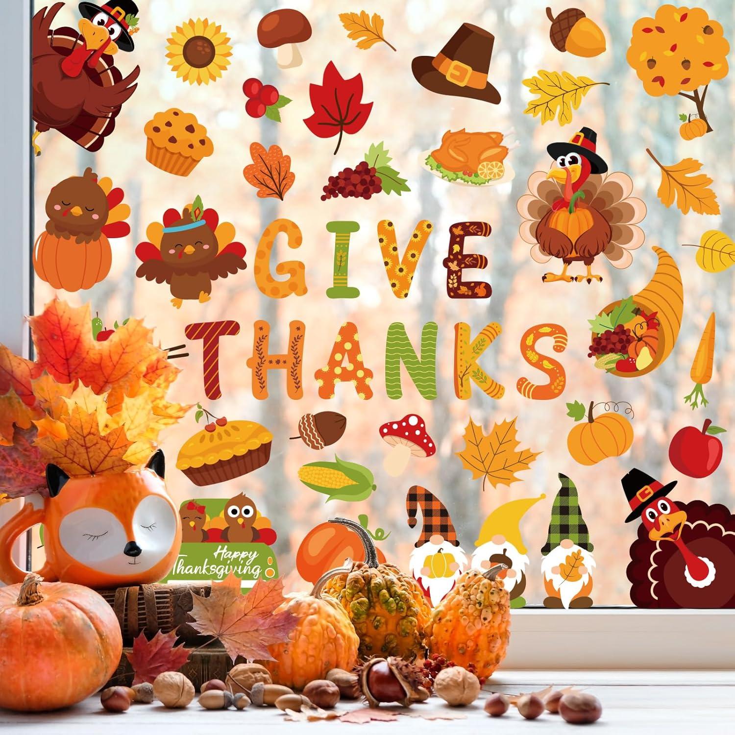 imageWhaline 9 Sheets Happy Fall Thanksgiving Window Clings Autumn Cute Cartoon Window Stickers Static Reusable Glass Decals for Harvest Party Home Classroom Office Decor SuppliesThanksgiving