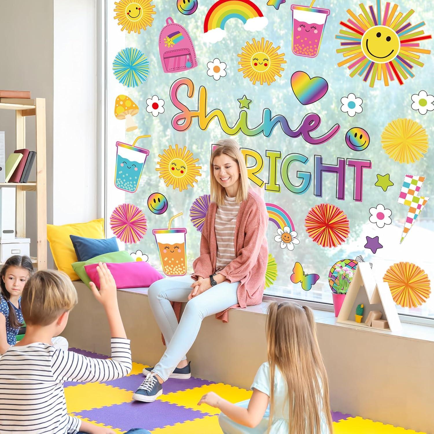 imageWhaline 9 Sheets Happy Fall Thanksgiving Window Clings Autumn Cute Cartoon Window Stickers Static Reusable Glass Decals for Harvest Party Home Classroom Office Decor SuppliesSun