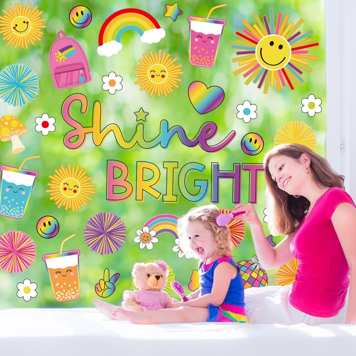 imageWhaline 9 Sheets Happy Fall Thanksgiving Window Clings Autumn Cute Cartoon Window Stickers Static Reusable Glass Decals for Harvest Party Home Classroom Office Decor SuppliesSun