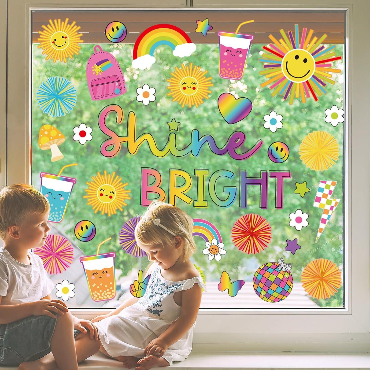 imageWhaline 9 Sheets Happy Fall Thanksgiving Window Clings Autumn Cute Cartoon Window Stickers Static Reusable Glass Decals for Harvest Party Home Classroom Office Decor SuppliesSun