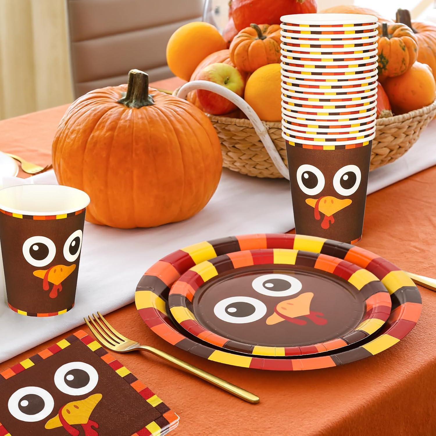 imageWhaline 96Pcs Thanksgiving Turkey Tableware Set Funny Turkey Face Disposable Party Supplies Fall Paper Plates Napkins and Cups for 24 Guests Autumn Harvest Table Decor