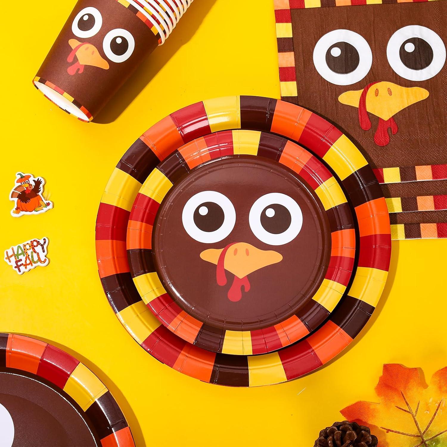 imageWhaline 96Pcs Thanksgiving Turkey Tableware Set Funny Turkey Face Disposable Party Supplies Fall Paper Plates Napkins and Cups for 24 Guests Autumn Harvest Table Decor