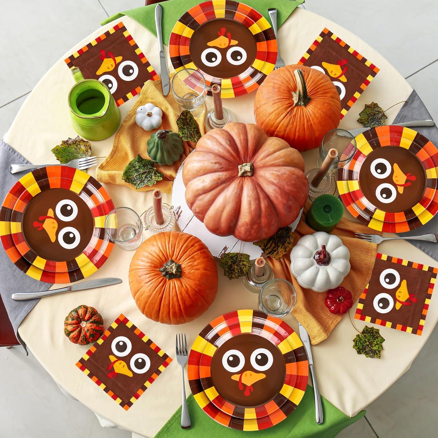 imageWhaline 96Pcs Thanksgiving Turkey Tableware Set Funny Turkey Face Disposable Party Supplies Fall Paper Plates Napkins and Cups for 24 Guests Autumn Harvest Table Decor