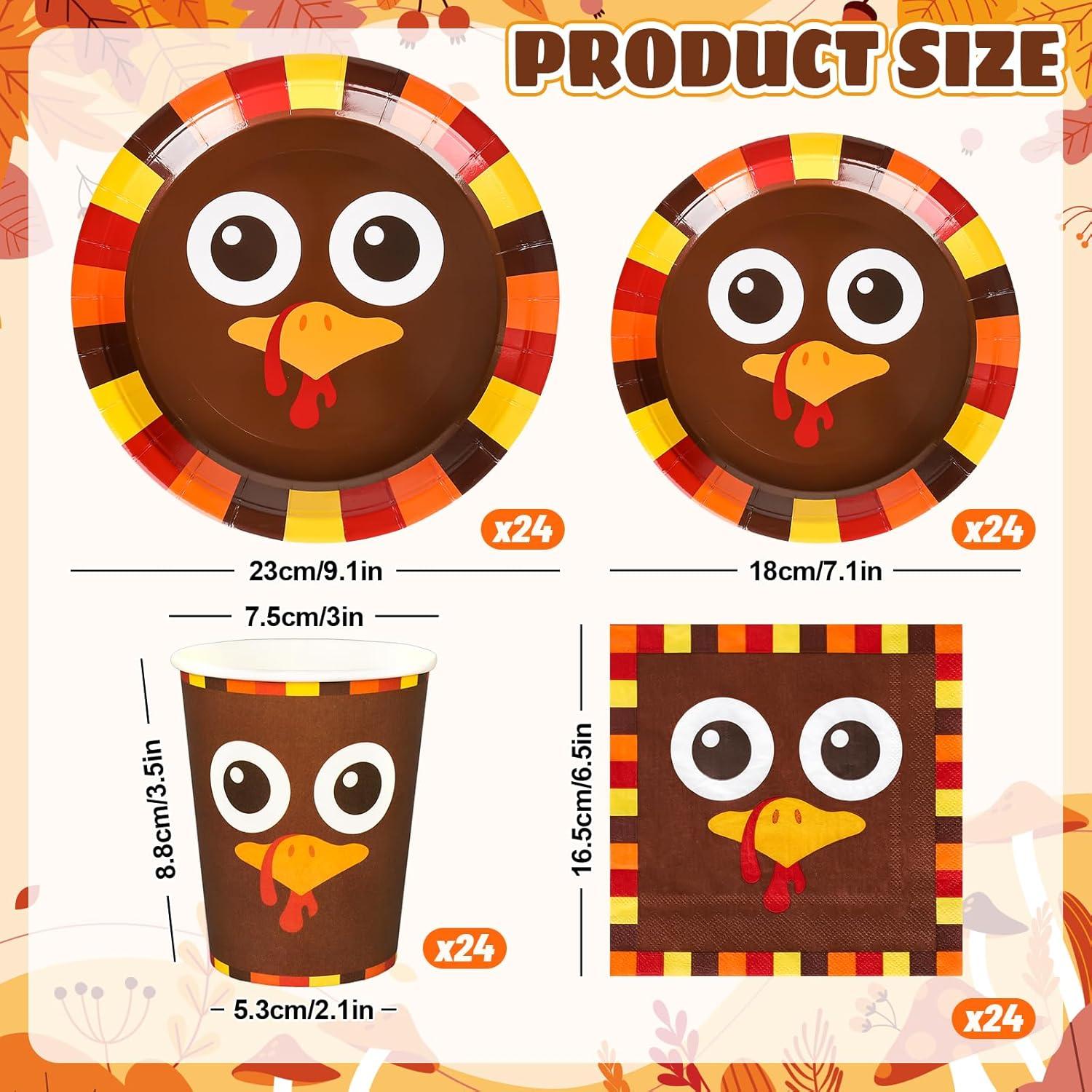 imageWhaline 96Pcs Thanksgiving Turkey Tableware Set Funny Turkey Face Disposable Party Supplies Fall Paper Plates Napkins and Cups for 24 Guests Autumn Harvest Table Decor