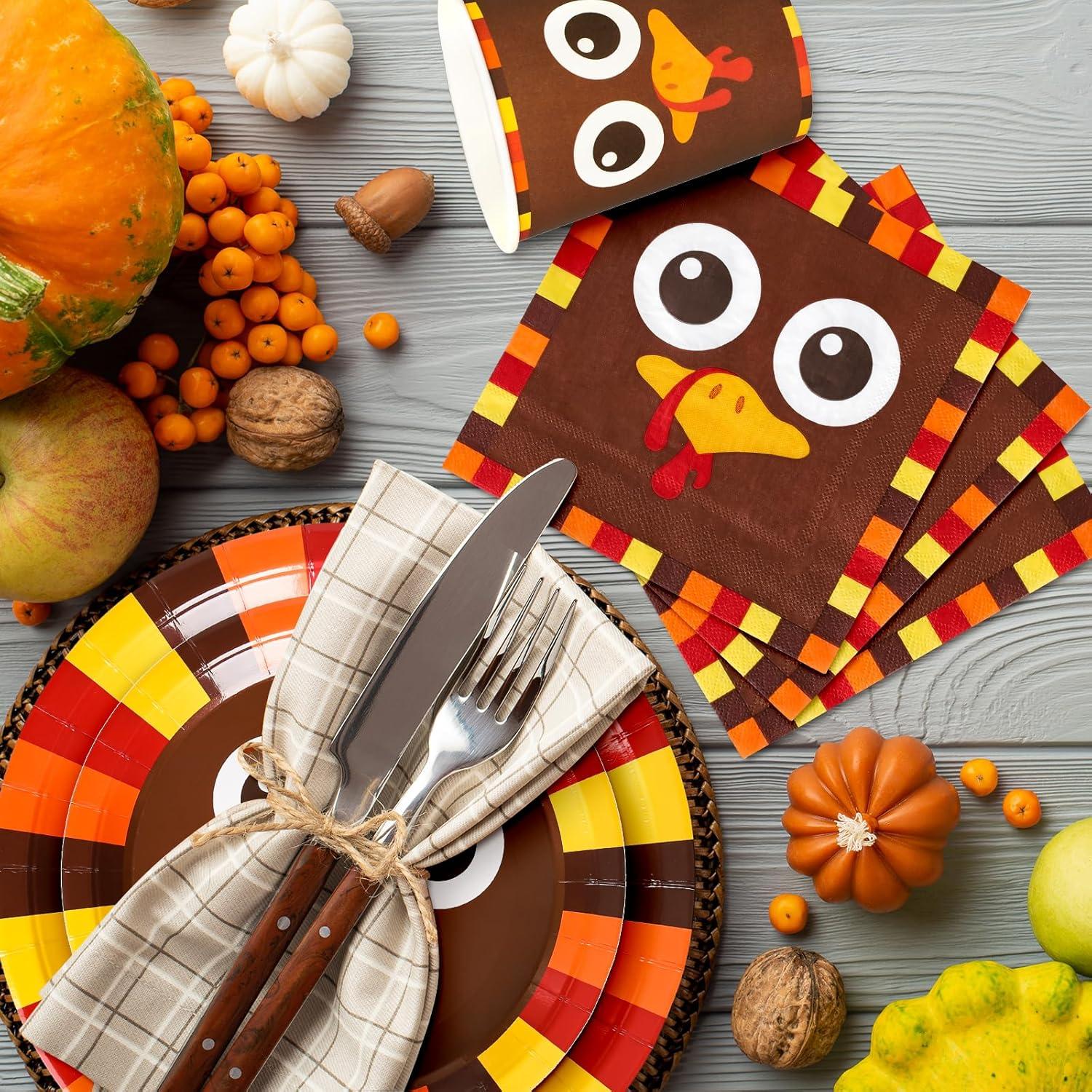 imageWhaline 96Pcs Thanksgiving Turkey Tableware Set Funny Turkey Face Disposable Party Supplies Fall Paper Plates Napkins and Cups for 24 Guests Autumn Harvest Table Decor