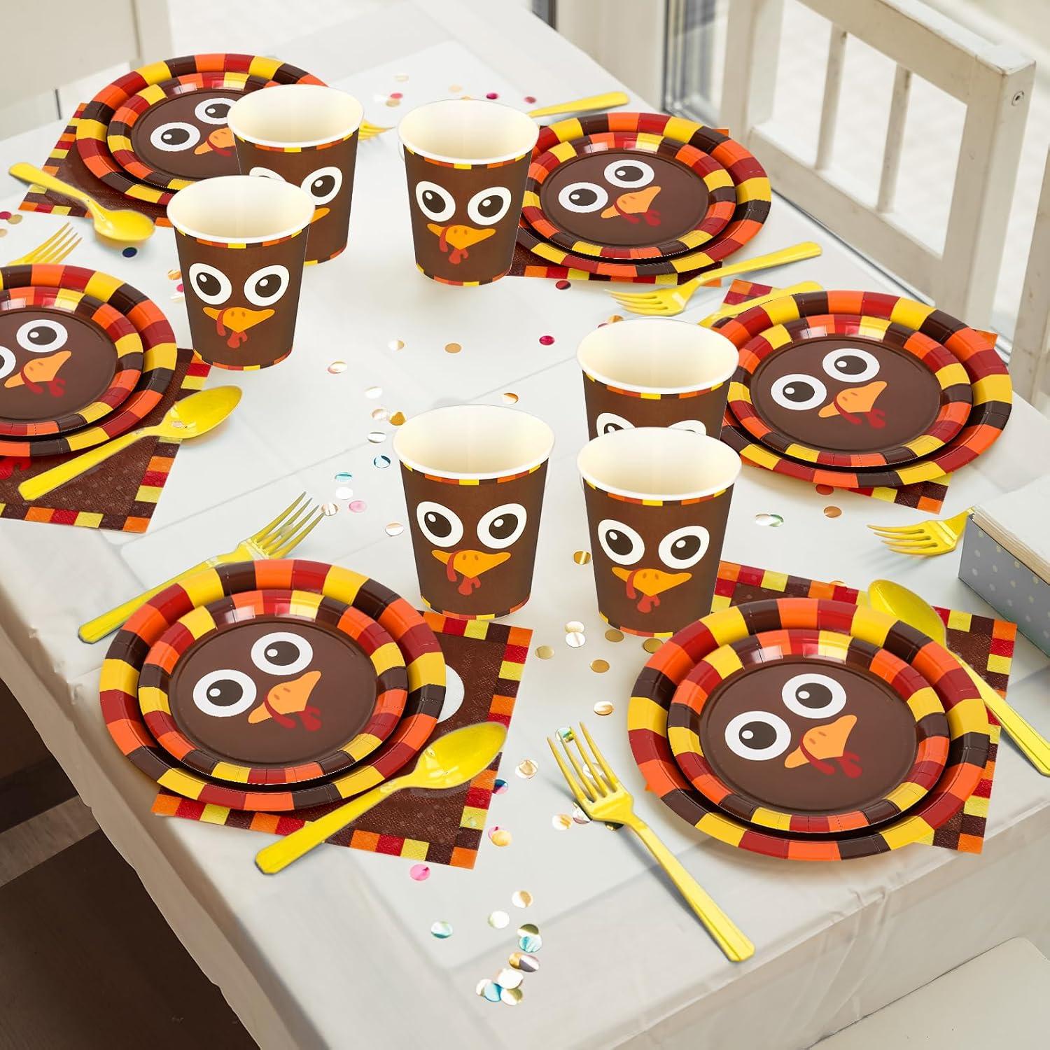 imageWhaline 96Pcs Thanksgiving Turkey Tableware Set Funny Turkey Face Disposable Party Supplies Fall Paper Plates Napkins and Cups for 24 Guests Autumn Harvest Table Decor