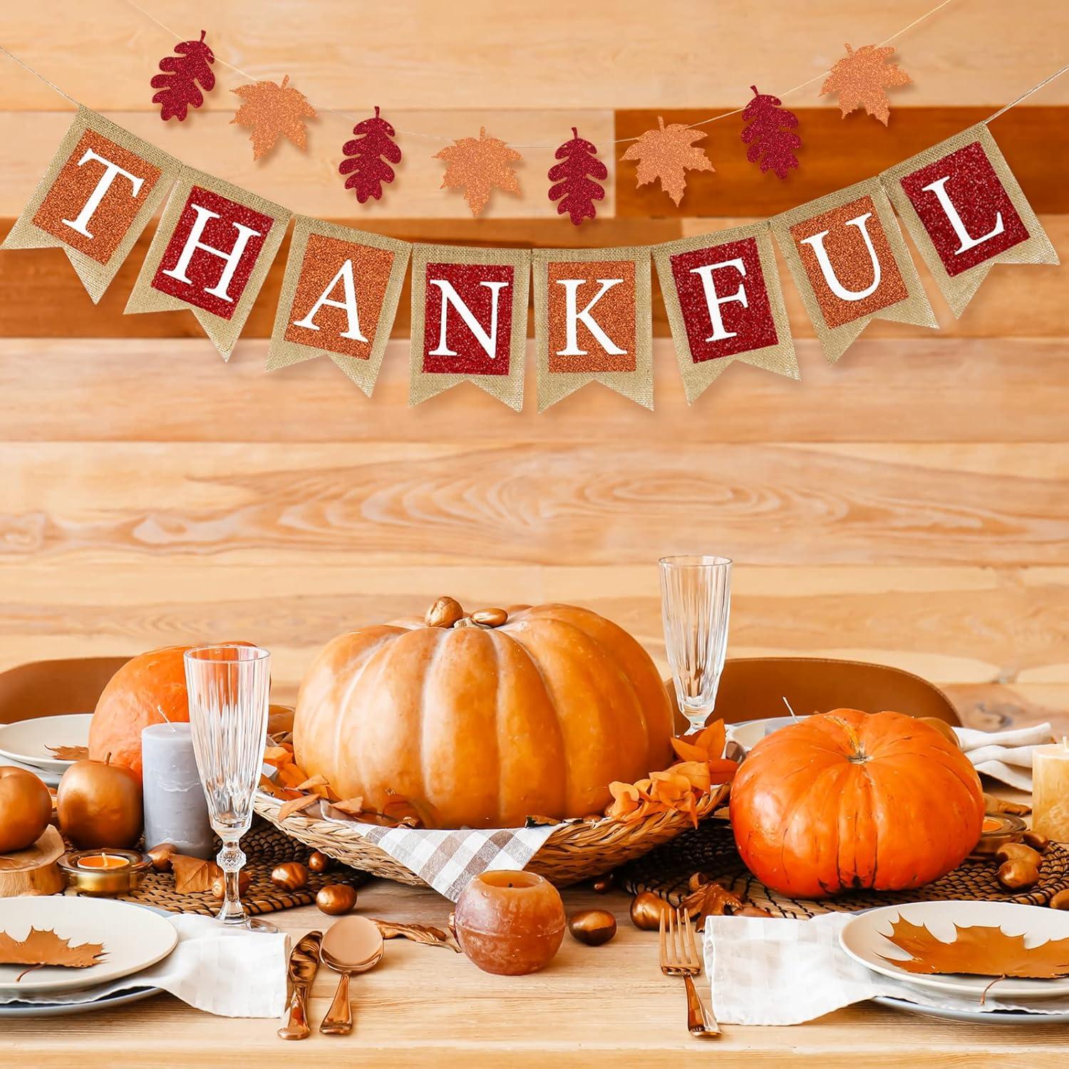 imageWhaline Fall Banner Thankful Burlap Banner Maple Leaf Glitter Paper Banner PreAssembled Rustic Bunting Garland for Autumn Harvest Hanging Decorations Thanksgiving Party Supplies Home Decoration