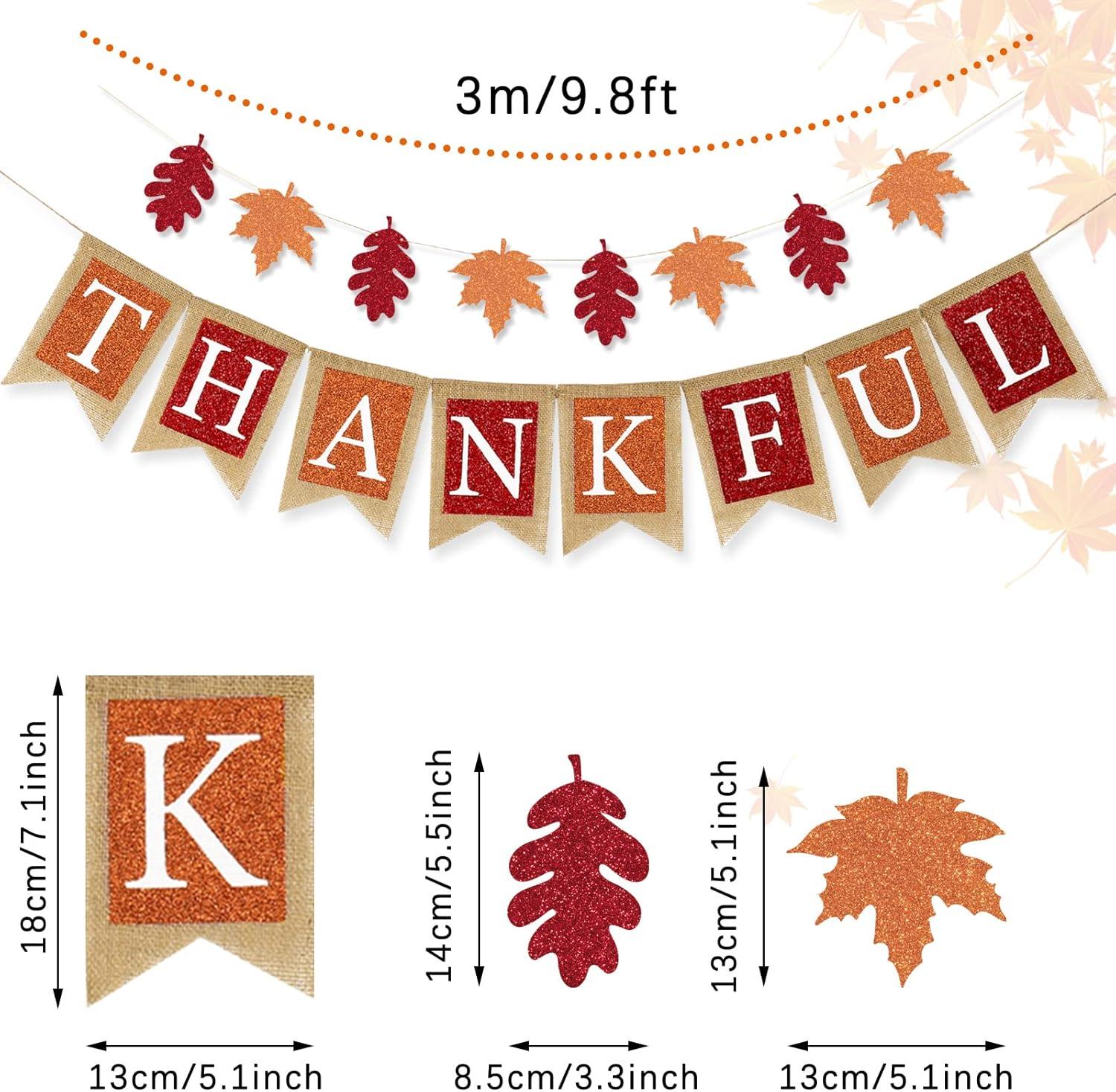 imageWhaline Fall Banner Thankful Burlap Banner Maple Leaf Glitter Paper Banner PreAssembled Rustic Bunting Garland for Autumn Harvest Hanging Decorations Thanksgiving Party Supplies Home Decoration