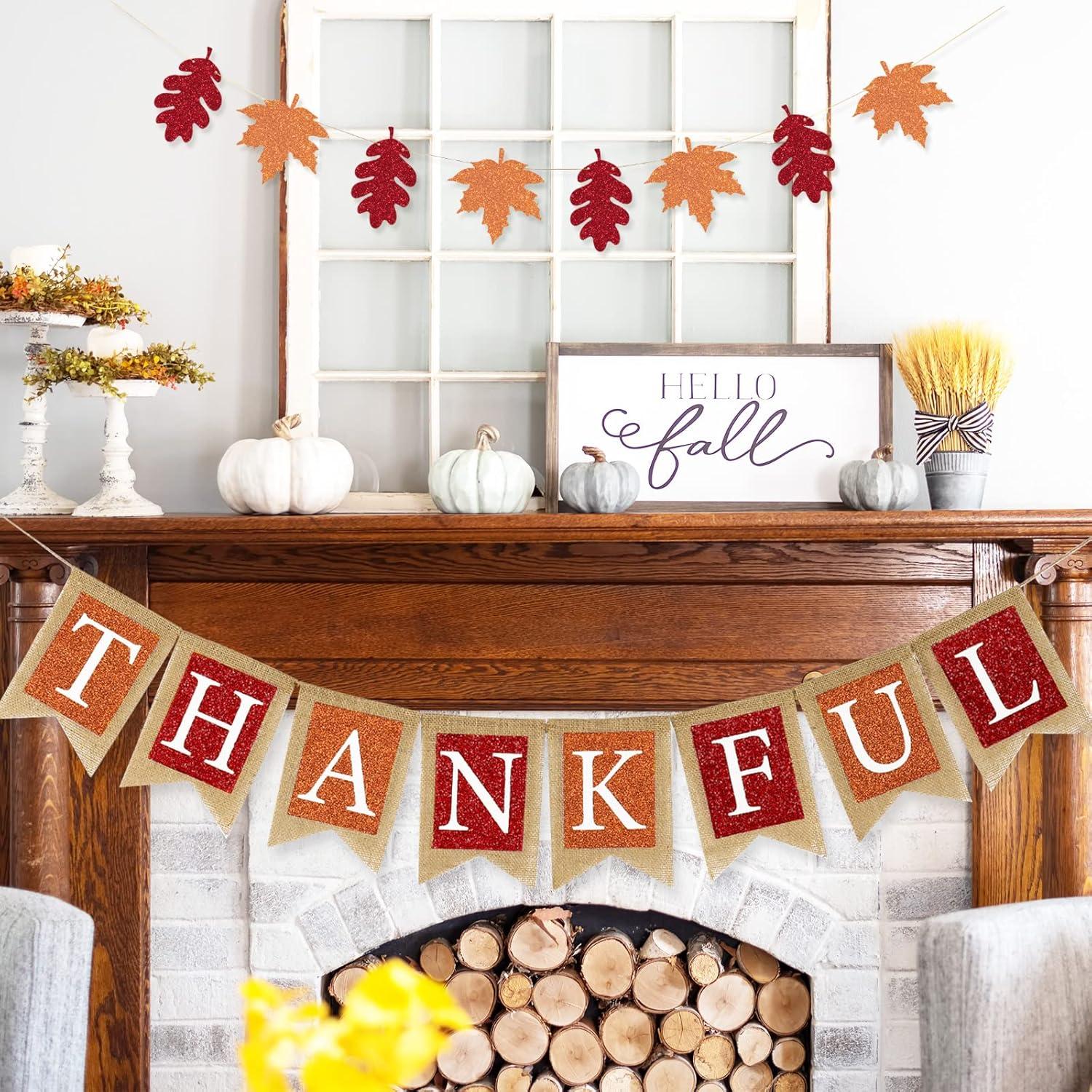imageWhaline Fall Banner Thankful Burlap Banner Maple Leaf Glitter Paper Banner PreAssembled Rustic Bunting Garland for Autumn Harvest Hanging Decorations Thanksgiving Party Supplies Home Decoration