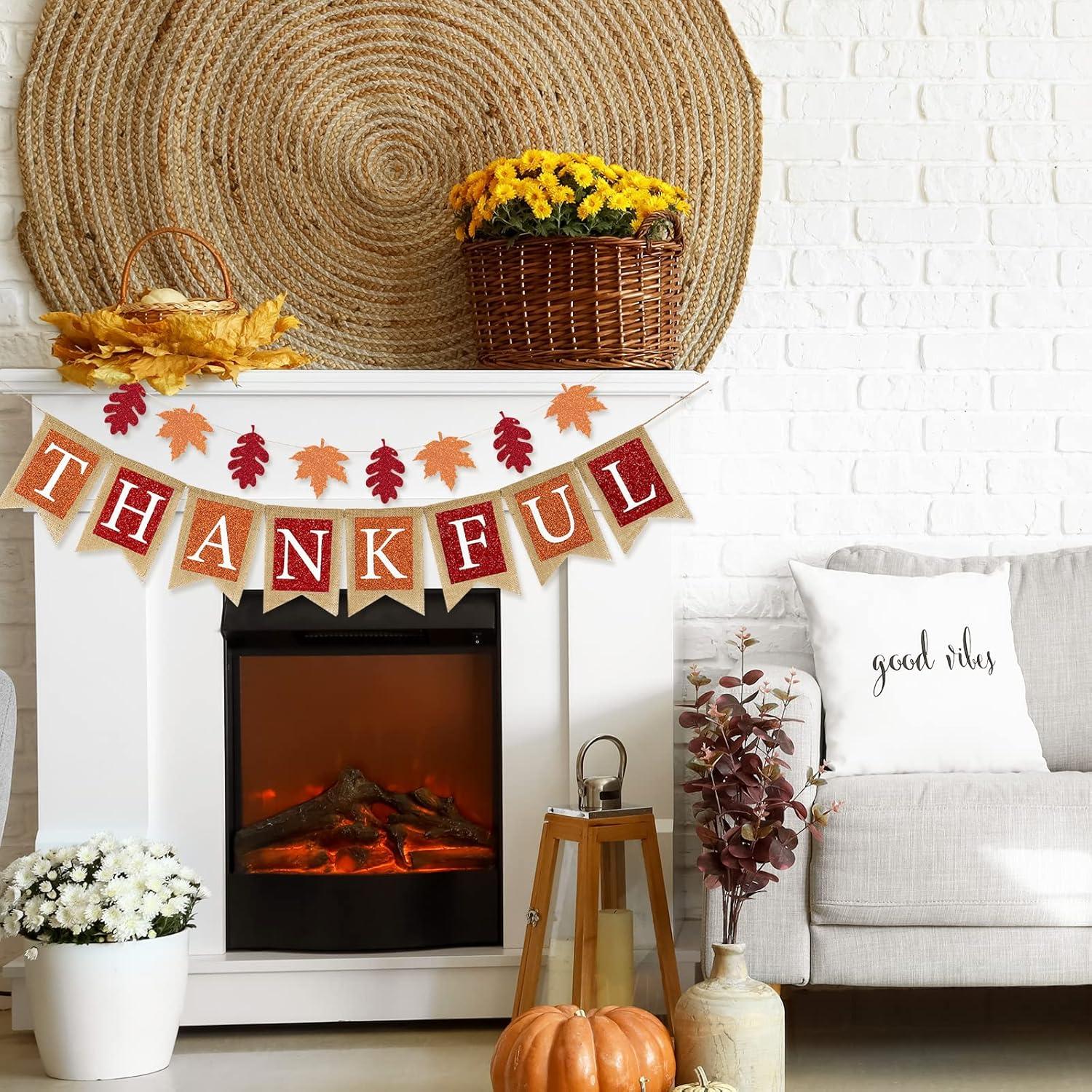 imageWhaline Fall Banner Thankful Burlap Banner Maple Leaf Glitter Paper Banner PreAssembled Rustic Bunting Garland for Autumn Harvest Hanging Decorations Thanksgiving Party Supplies Home Decoration