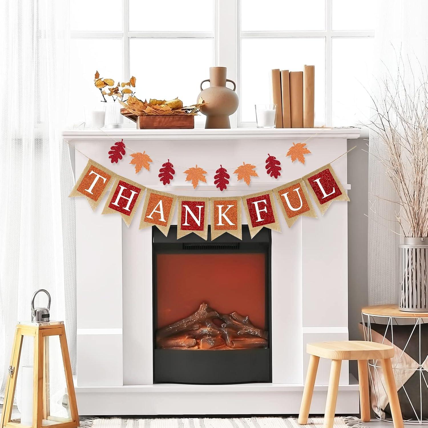 imageWhaline Fall Banner Thankful Burlap Banner Maple Leaf Glitter Paper Banner PreAssembled Rustic Bunting Garland for Autumn Harvest Hanging Decorations Thanksgiving Party Supplies Home Decoration