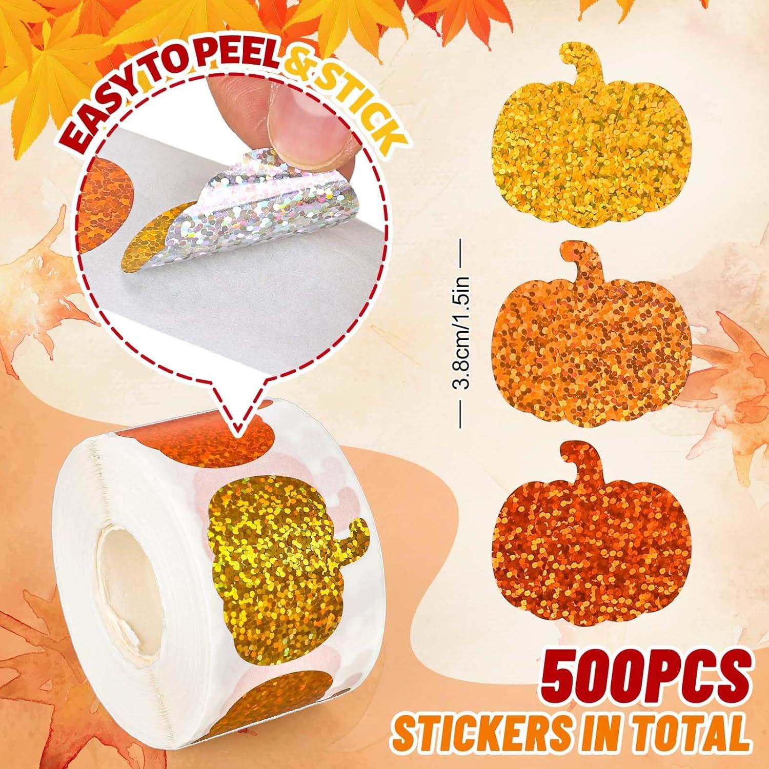 imageWhaline Fall Thanksgiving Pumpkin Stickers Roll Glitter Pumpkin Paper Decal 3 Color Sparkly Autumn SelfAdhesive Decorative Stickers for Envelope Journal Decor Party Supplies 500PcsPumpkin