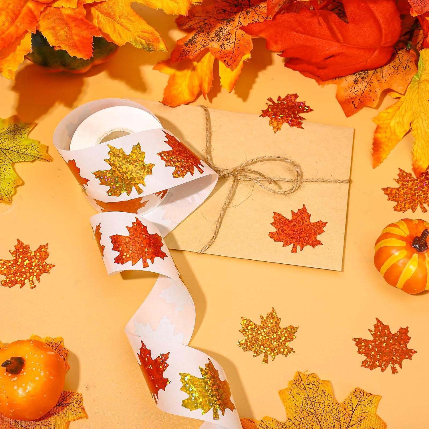 imageWhaline Fall Thanksgiving Pumpkin Stickers Roll Glitter Pumpkin Paper Decal 3 Color Sparkly Autumn SelfAdhesive Decorative Stickers for Envelope Journal Decor Party Supplies 500PcsMaple Leaves