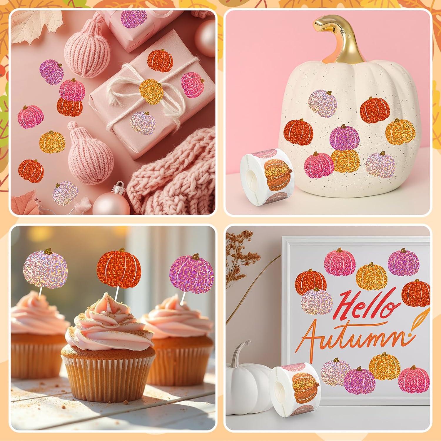 imageWhaline Fall Thanksgiving Pumpkin Stickers Roll Glitter Pumpkin Paper Decal 3 Color Sparkly Autumn SelfAdhesive Decorative Stickers for Envelope Journal Decor Party Supplies 500PcsPink Pumpkin