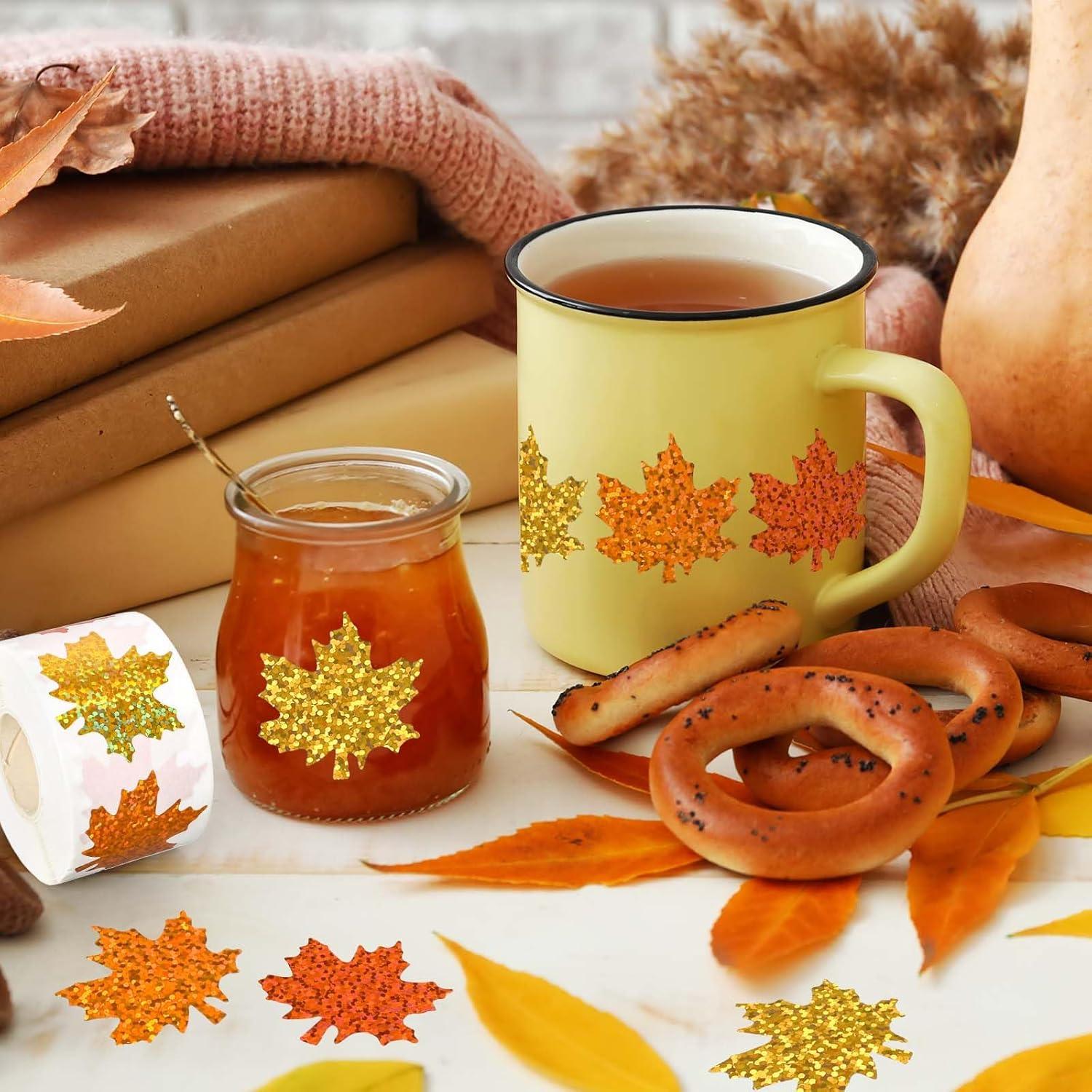 imageWhaline Fall Thanksgiving Pumpkin Stickers Roll Glitter Pumpkin Paper Decal 3 Color Sparkly Autumn SelfAdhesive Decorative Stickers for Envelope Journal Decor Party Supplies 500PcsMaple Leaves