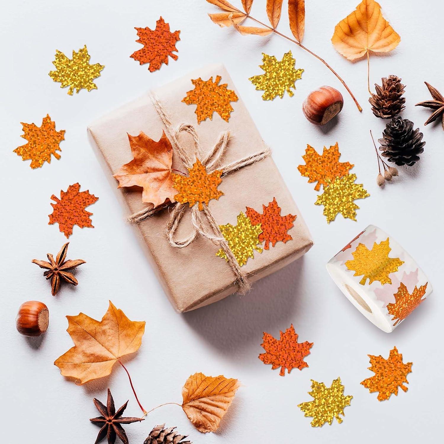 imageWhaline Fall Thanksgiving Pumpkin Stickers Roll Glitter Pumpkin Paper Decal 3 Color Sparkly Autumn SelfAdhesive Decorative Stickers for Envelope Journal Decor Party Supplies 500PcsMaple Leaves
