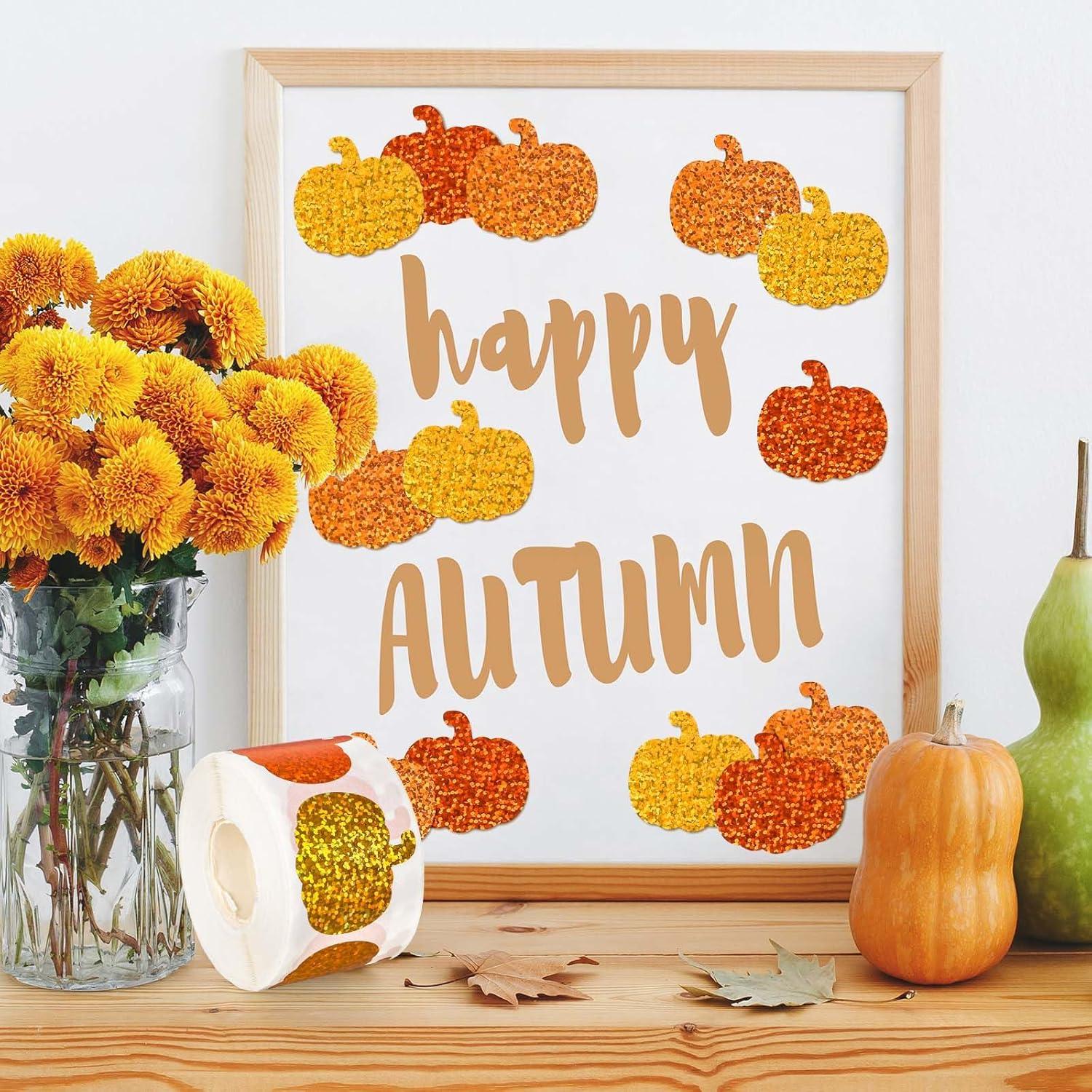 imageWhaline Fall Thanksgiving Pumpkin Stickers Roll Glitter Pumpkin Paper Decal 3 Color Sparkly Autumn SelfAdhesive Decorative Stickers for Envelope Journal Decor Party Supplies 500PcsPumpkin