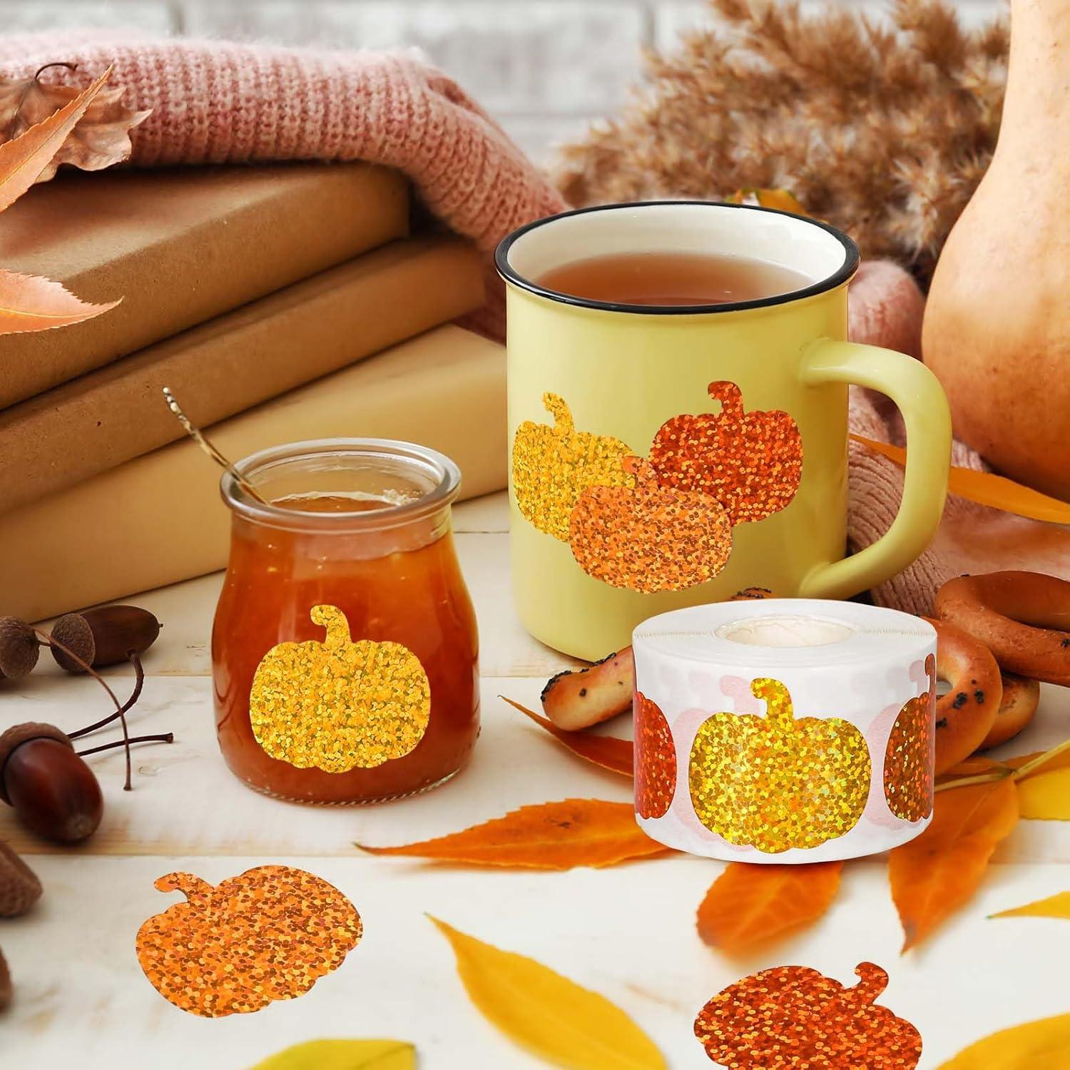 imageWhaline Fall Thanksgiving Pumpkin Stickers Roll Glitter Pumpkin Paper Decal 3 Color Sparkly Autumn SelfAdhesive Decorative Stickers for Envelope Journal Decor Party Supplies 500PcsPumpkin