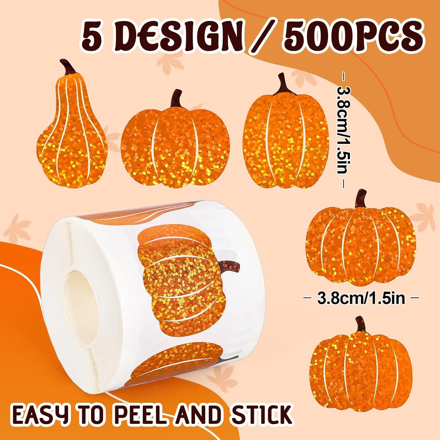 imageWhaline Fall Thanksgiving Pumpkin Stickers Roll Glitter Pumpkin Paper Decal 3 Color Sparkly Autumn SelfAdhesive Decorative Stickers for Envelope Journal Decor Party Supplies 500PcsPumpkin 2