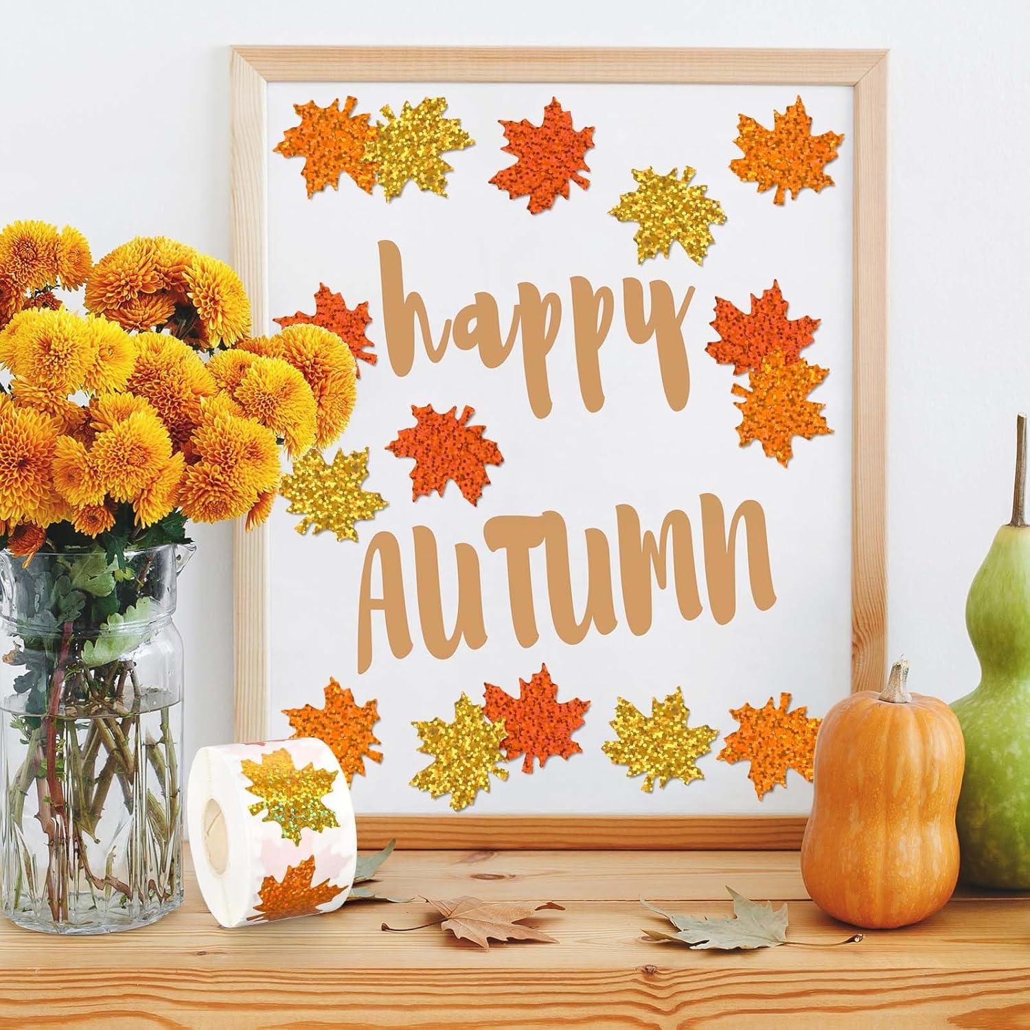 imageWhaline Fall Thanksgiving Pumpkin Stickers Roll Glitter Pumpkin Paper Decal 3 Color Sparkly Autumn SelfAdhesive Decorative Stickers for Envelope Journal Decor Party Supplies 500PcsMaple Leaves