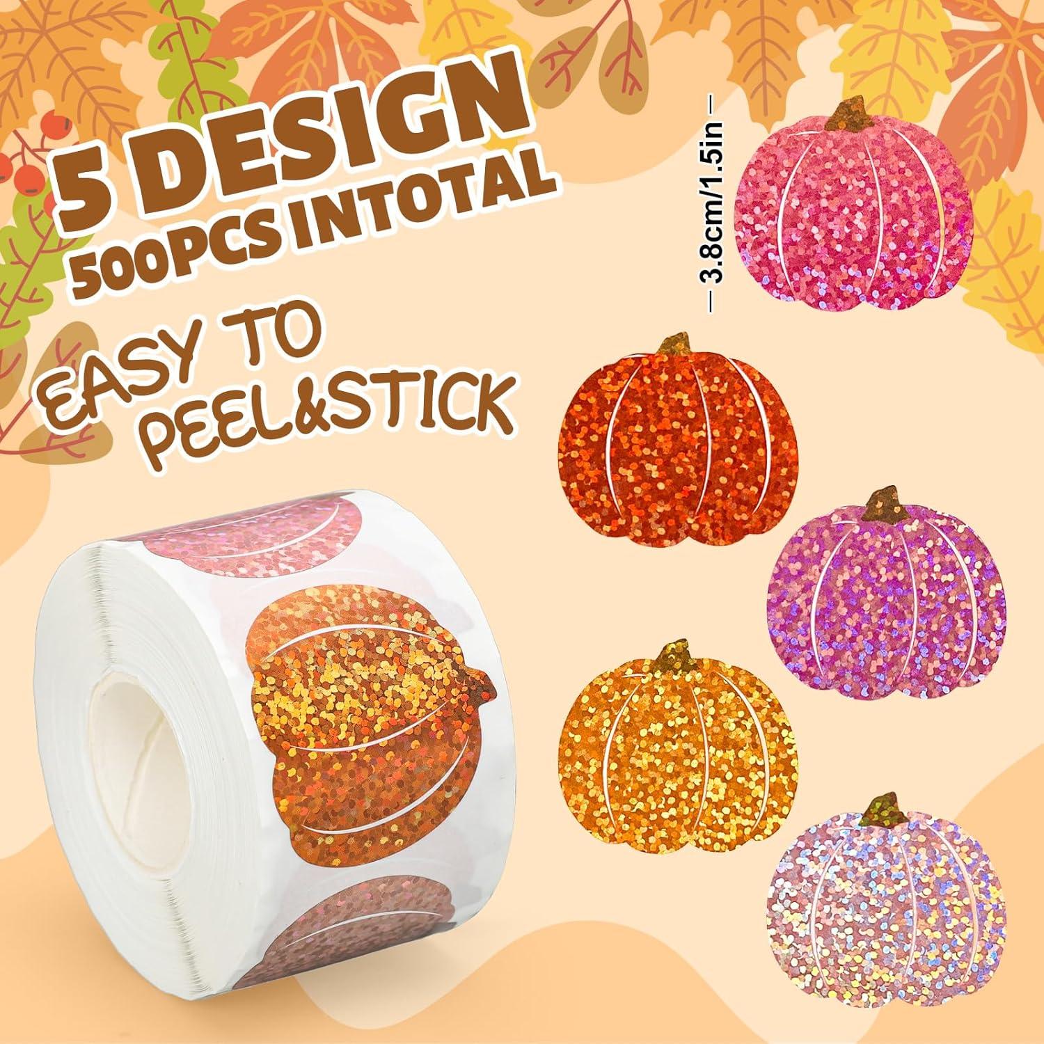 imageWhaline Fall Thanksgiving Pumpkin Stickers Roll Glitter Pumpkin Paper Decal 3 Color Sparkly Autumn SelfAdhesive Decorative Stickers for Envelope Journal Decor Party Supplies 500PcsPink Pumpkin