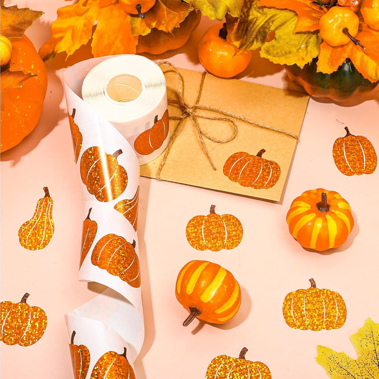 imageWhaline Fall Thanksgiving Pumpkin Stickers Roll Glitter Pumpkin Paper Decal 3 Color Sparkly Autumn SelfAdhesive Decorative Stickers for Envelope Journal Decor Party Supplies 500PcsPumpkin 2