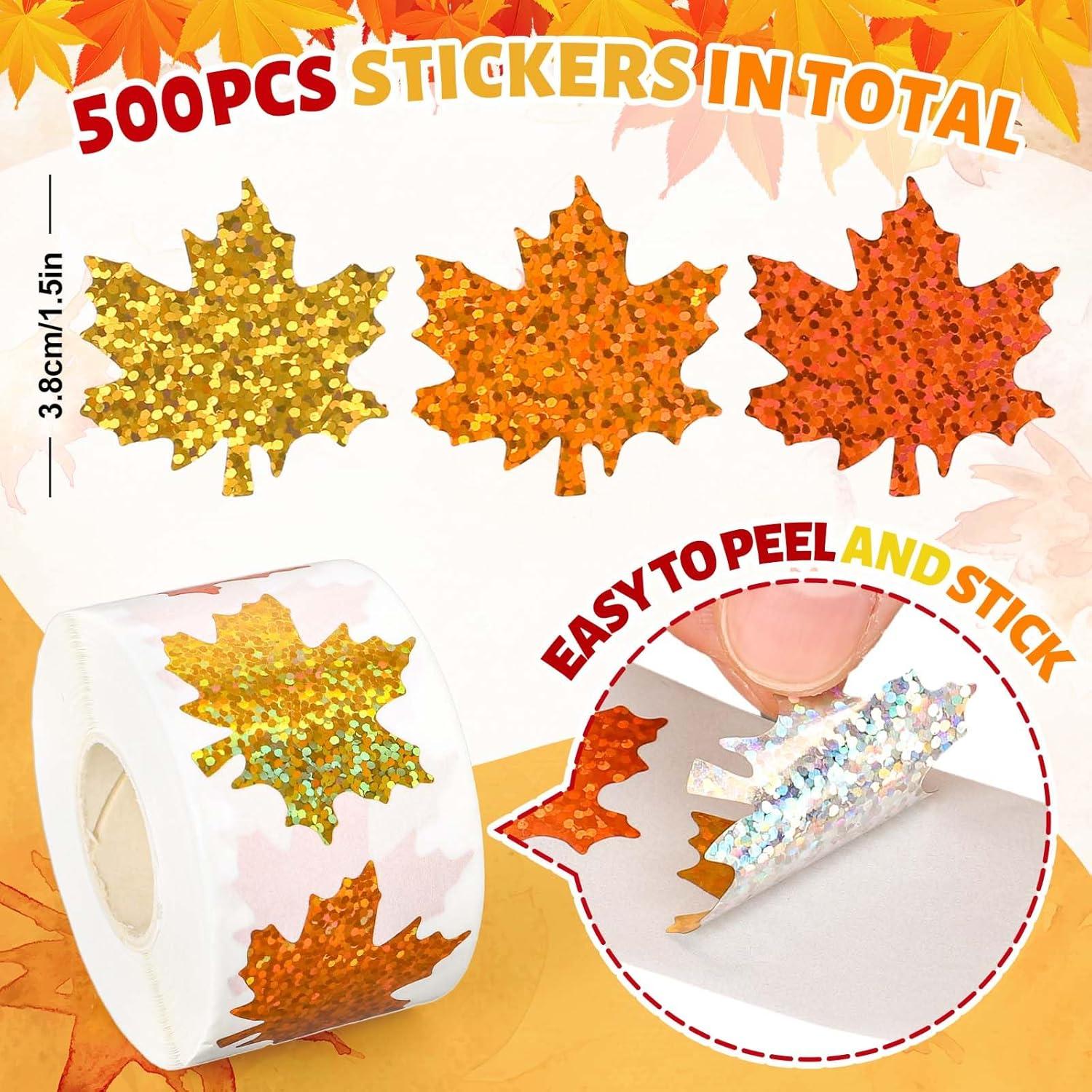 imageWhaline Fall Thanksgiving Pumpkin Stickers Roll Glitter Pumpkin Paper Decal 3 Color Sparkly Autumn SelfAdhesive Decorative Stickers for Envelope Journal Decor Party Supplies 500PcsMaple Leaves