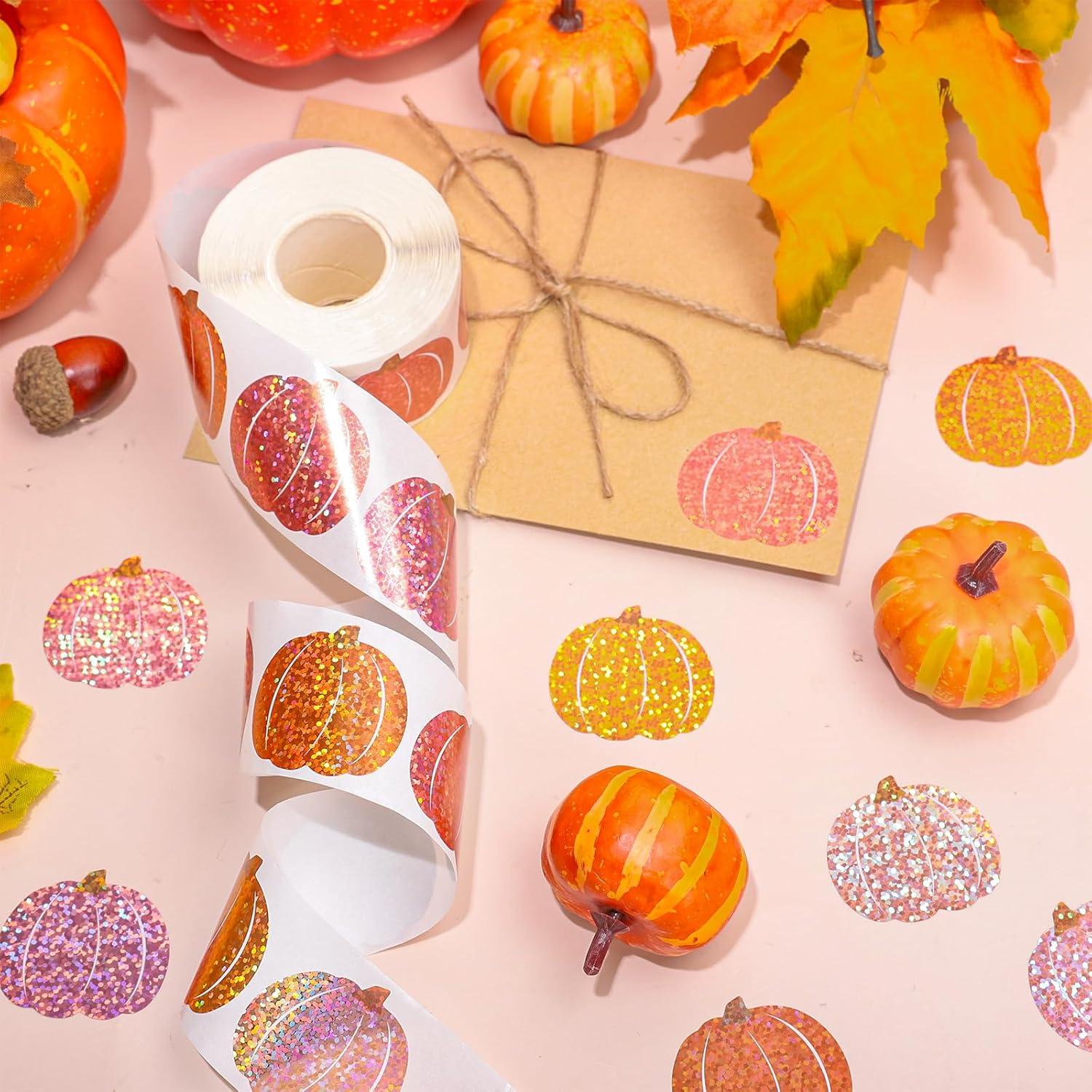 imageWhaline Fall Thanksgiving Pumpkin Stickers Roll Glitter Pumpkin Paper Decal 3 Color Sparkly Autumn SelfAdhesive Decorative Stickers for Envelope Journal Decor Party Supplies 500PcsPink Pumpkin