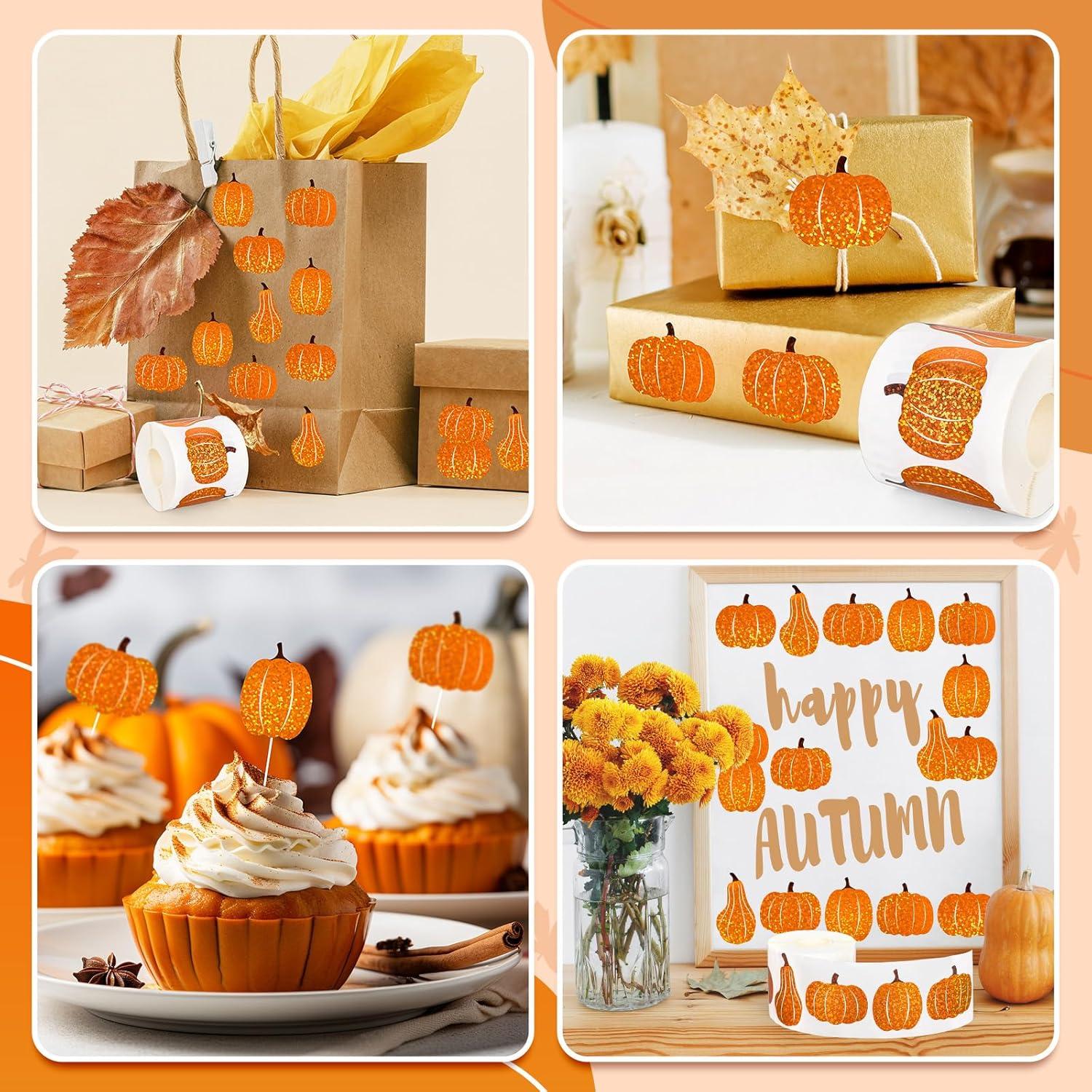 imageWhaline Fall Thanksgiving Pumpkin Stickers Roll Glitter Pumpkin Paper Decal 3 Color Sparkly Autumn SelfAdhesive Decorative Stickers for Envelope Journal Decor Party Supplies 500PcsPumpkin 2