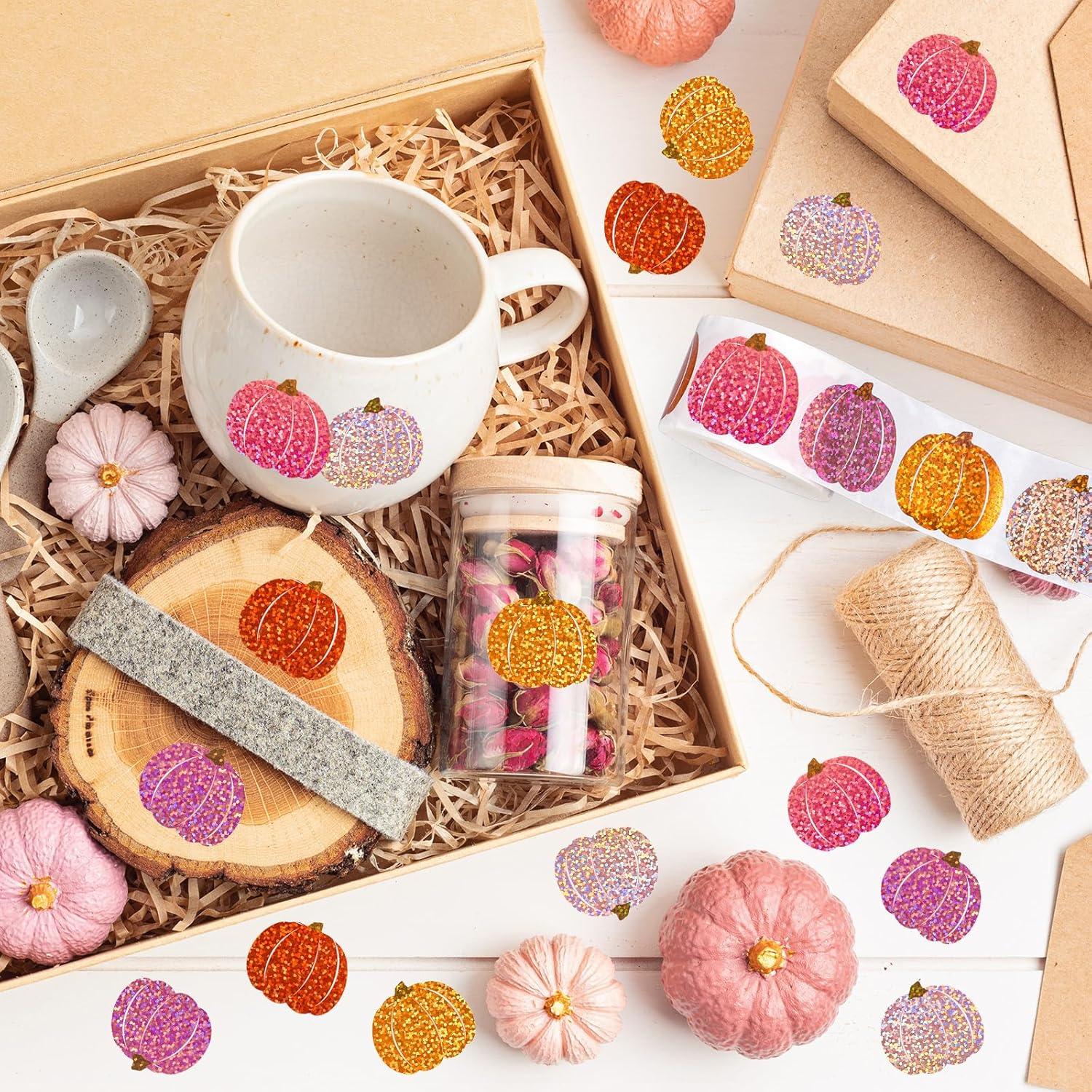 imageWhaline Fall Thanksgiving Pumpkin Stickers Roll Glitter Pumpkin Paper Decal 3 Color Sparkly Autumn SelfAdhesive Decorative Stickers for Envelope Journal Decor Party Supplies 500PcsPink Pumpkin
