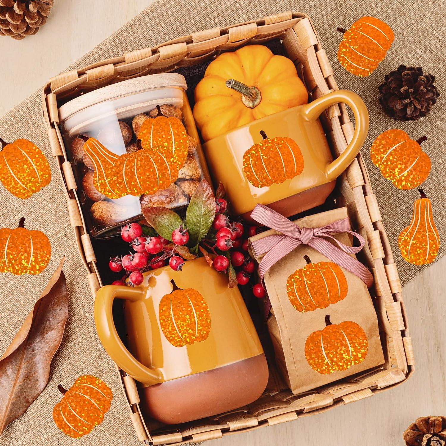 imageWhaline Fall Thanksgiving Pumpkin Stickers Roll Glitter Pumpkin Paper Decal 3 Color Sparkly Autumn SelfAdhesive Decorative Stickers for Envelope Journal Decor Party Supplies 500PcsPumpkin 2