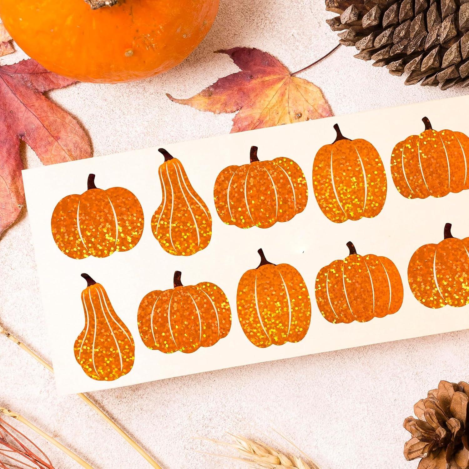 imageWhaline Fall Thanksgiving Pumpkin Stickers Roll Glitter Pumpkin Paper Decal 3 Color Sparkly Autumn SelfAdhesive Decorative Stickers for Envelope Journal Decor Party Supplies 500PcsPumpkin 2
