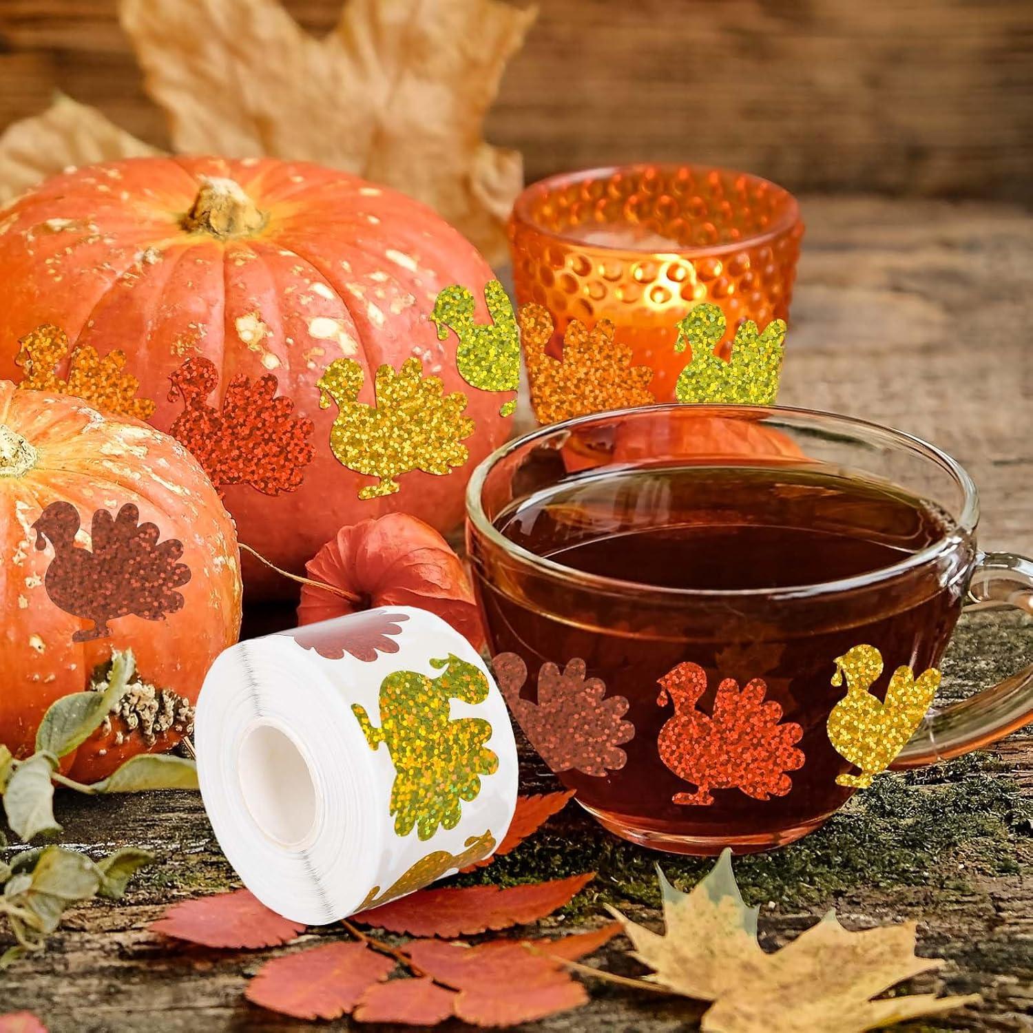 imageWhaline Fall Thanksgiving Pumpkin Stickers Roll Glitter Pumpkin Paper Decal 3 Color Sparkly Autumn SelfAdhesive Decorative Stickers for Envelope Journal Decor Party Supplies 500PcsTurkey