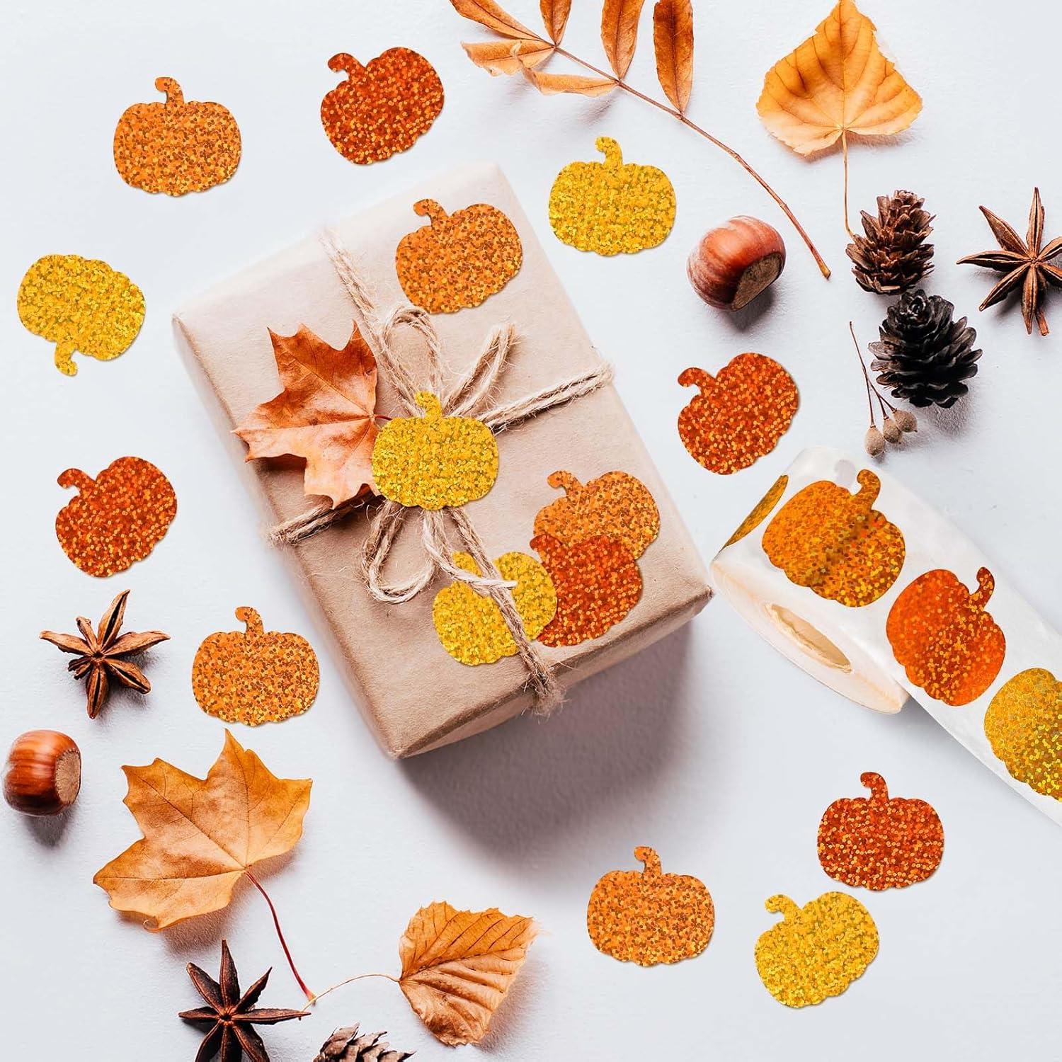 imageWhaline Fall Thanksgiving Pumpkin Stickers Roll Glitter Pumpkin Paper Decal 3 Color Sparkly Autumn SelfAdhesive Decorative Stickers for Envelope Journal Decor Party Supplies 500PcsPumpkin