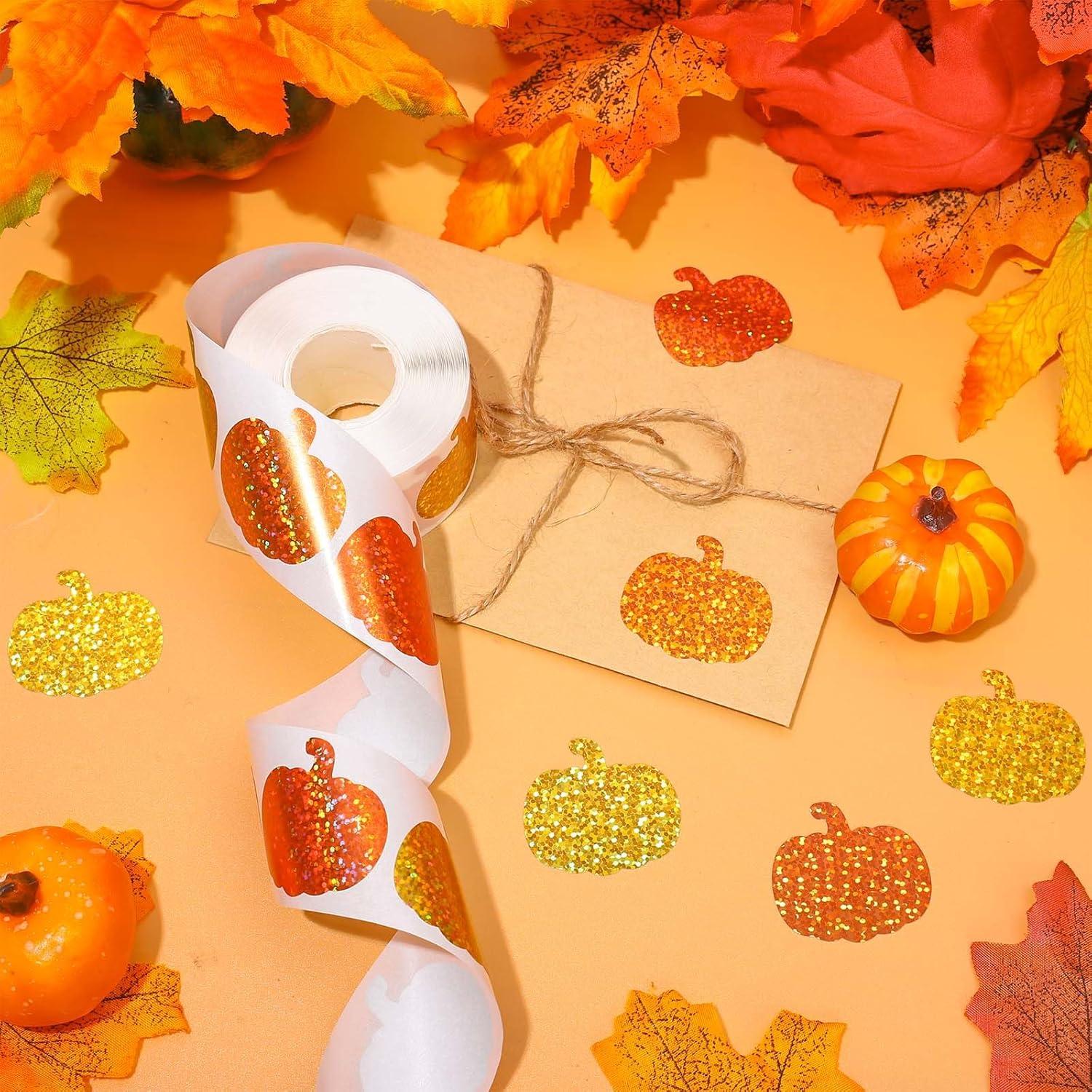 imageWhaline Fall Thanksgiving Pumpkin Stickers Roll Glitter Pumpkin Paper Decal 3 Color Sparkly Autumn SelfAdhesive Decorative Stickers for Envelope Journal Decor Party Supplies 500PcsPumpkin