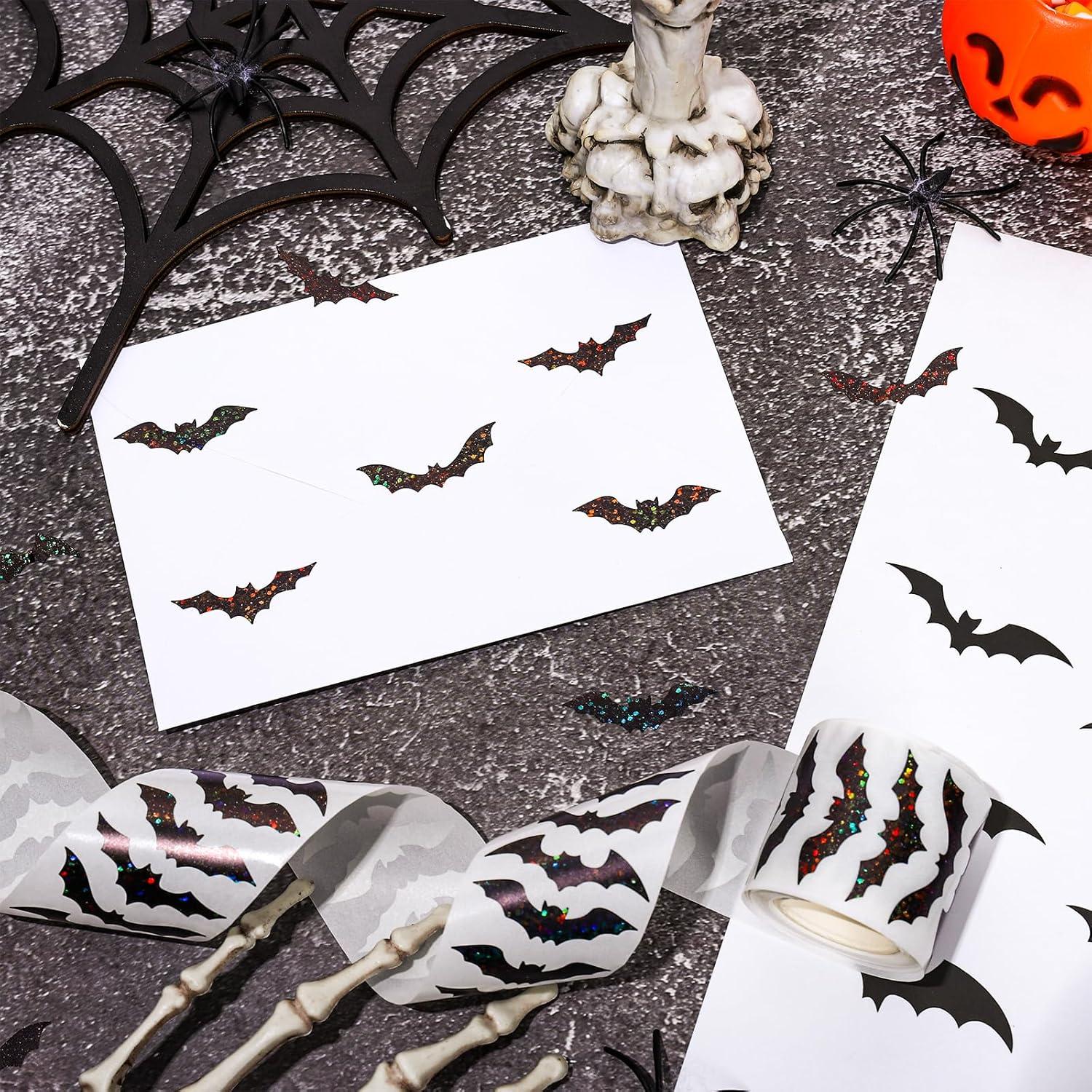 imageWhaline Halloween Bats Stickers Roll Laser Black Bats Shape Waterproof Decals 5 Designs Sparkly SelfAdhesive Stickers for Halloween Party Envelope Scrapbook Decor 500Pcs